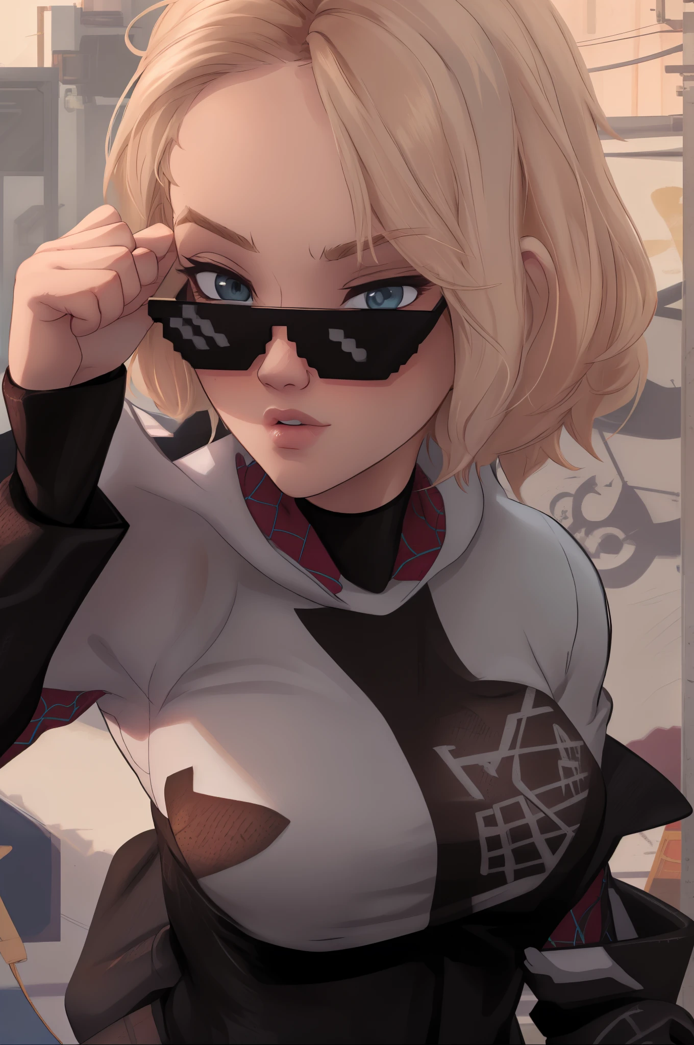 incrsdealwithit
sunglasses a very confidant badass arrogant cocky boss brash bitch attitude ,gwen stacy  wearing chunky saggy edgy loose puffer jacket mean face mean getsures