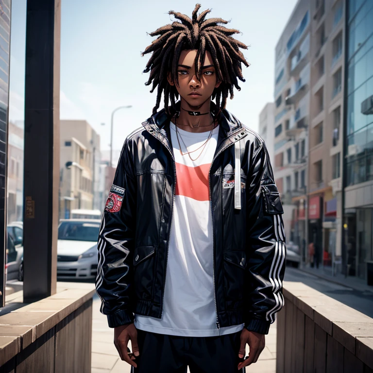 best quality, detailed, African american, male, standing alone, short dreads, wearing a jacket, athletic build, black hair, emo hair, singular person, young adult