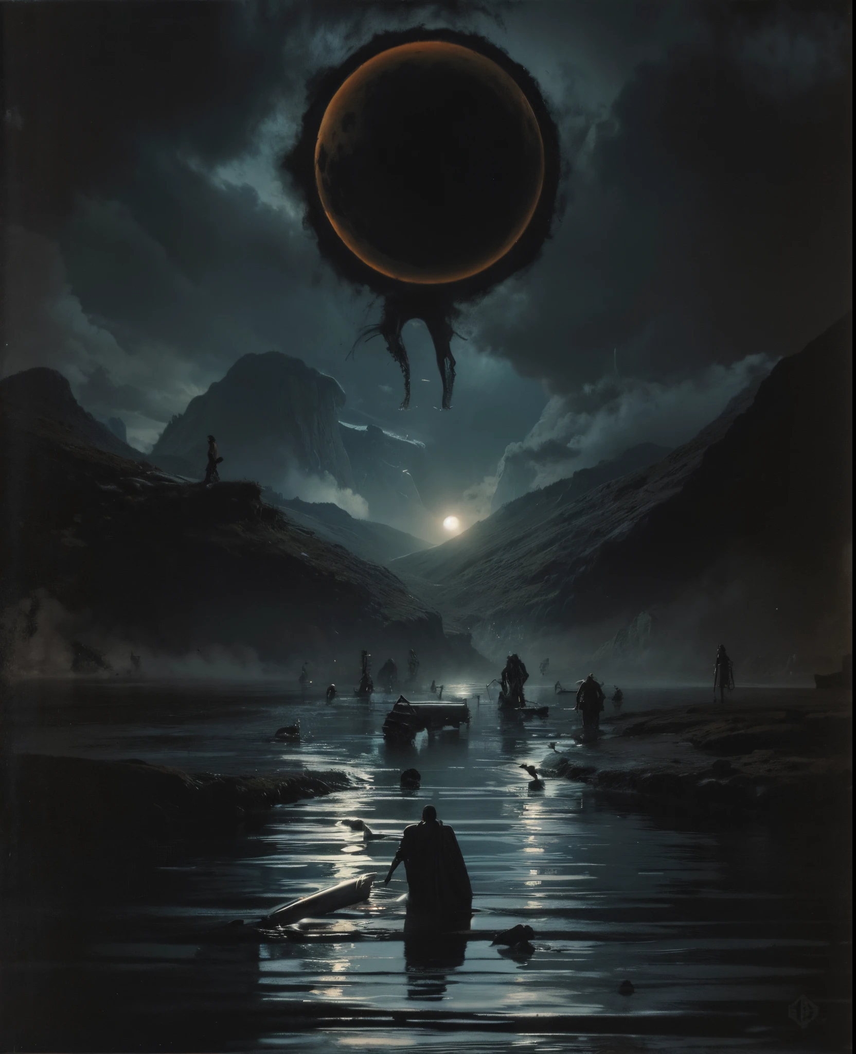 Imagen arafeada de un hombre parado en el agua con una mano gigante en el fondo., Arte oscuro surrealista, Sol negro, con soles negros en el cielo, dramatic artwork, Arte surrealista oscuro, eclipse, Eclipse eterno, Arte oscuro altamente detallado, enorme y gigantesco sol negro, album art, by Kristian Kreković, Sol oscuro, an ominous fantasy illustration
