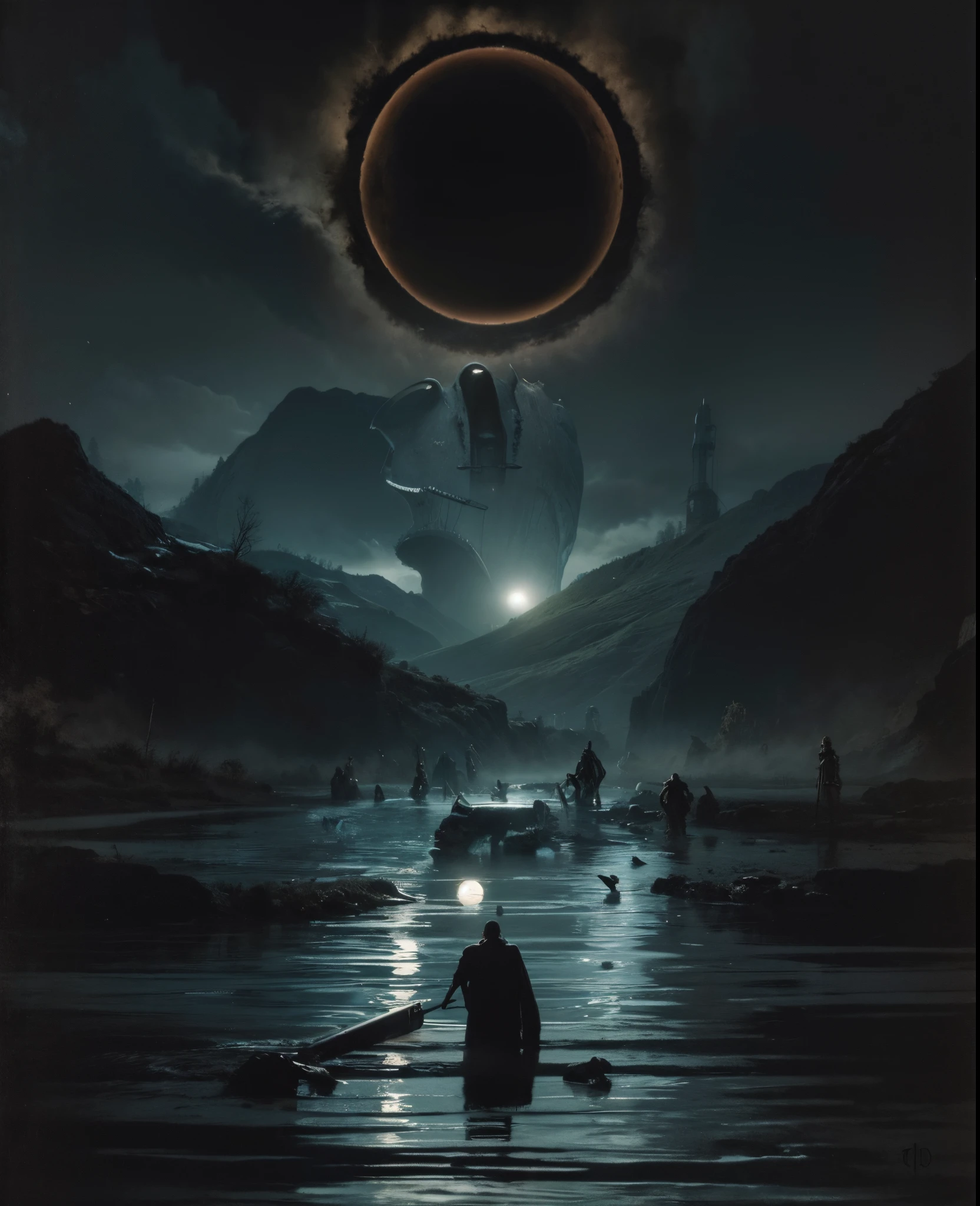 Imagen arafeada de un hombre parado en el agua con una mano gigante en el fondo., Arte oscuro surrealista, Sol negro, con soles negros en el cielo, dramatic artwork, Arte surrealista oscuro, eclipse, Eclipse eterno, Arte oscuro altamente detallado, enorme y gigantesco sol negro, album art, by Kristian Kreković, Sol oscuro, an ominous fantasy illustration