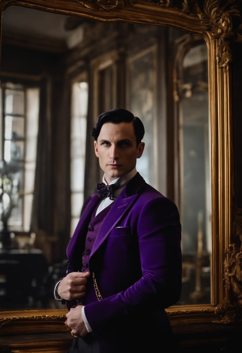 A photo of Oswald standing in front of a large antique mirror, adjusting his sinister-looking monocle with a smug expression on his face,Gotham,Oswald has spiky black hair, a long nose, and wears very fancy suits, favors the color purple. Famously portrayed by Robin Lord Taylor, male