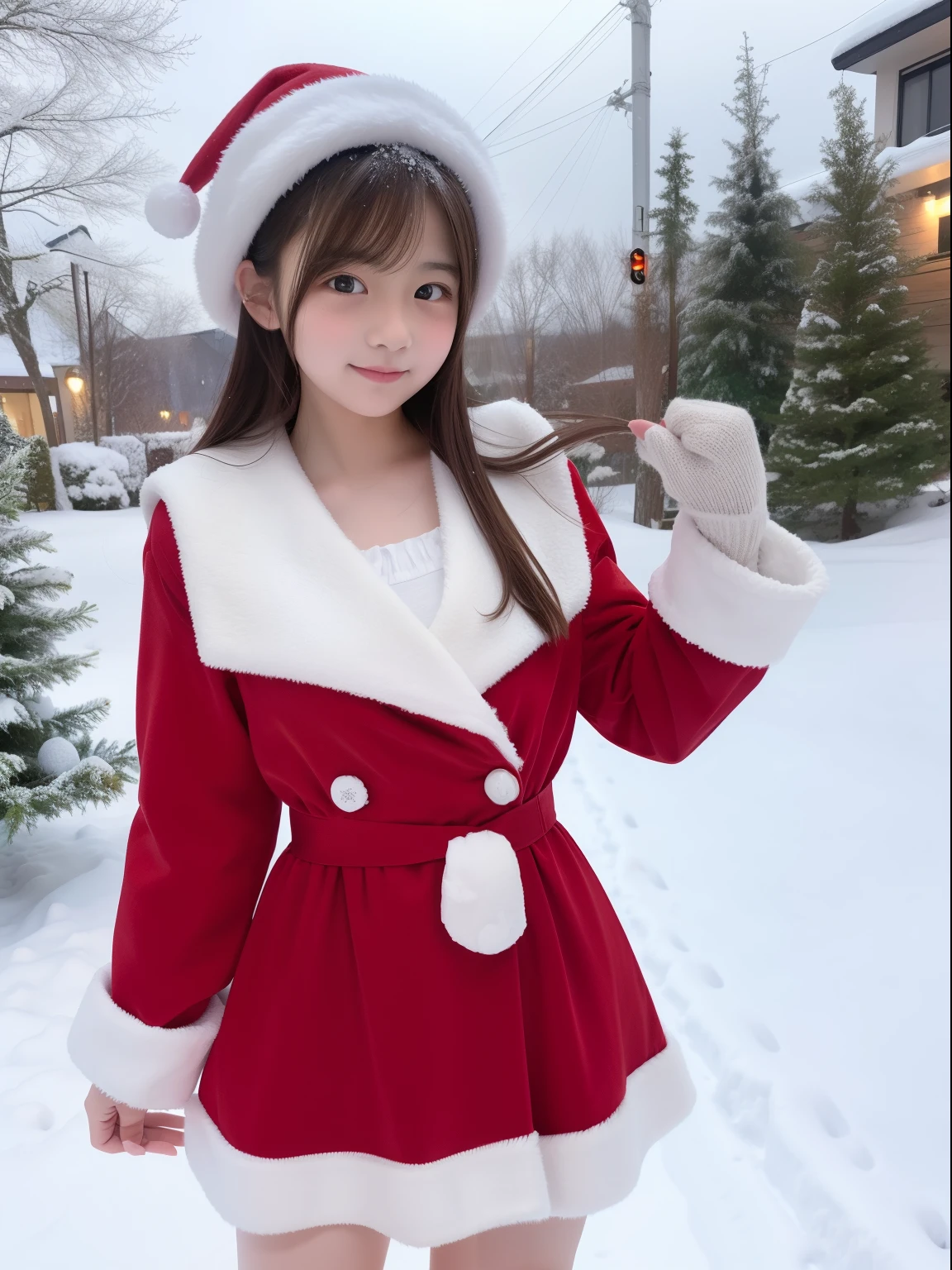 One beautiful woman、12year old 、FULL BODYSHOT、perspiring、NSFW、santa costume、snowscape