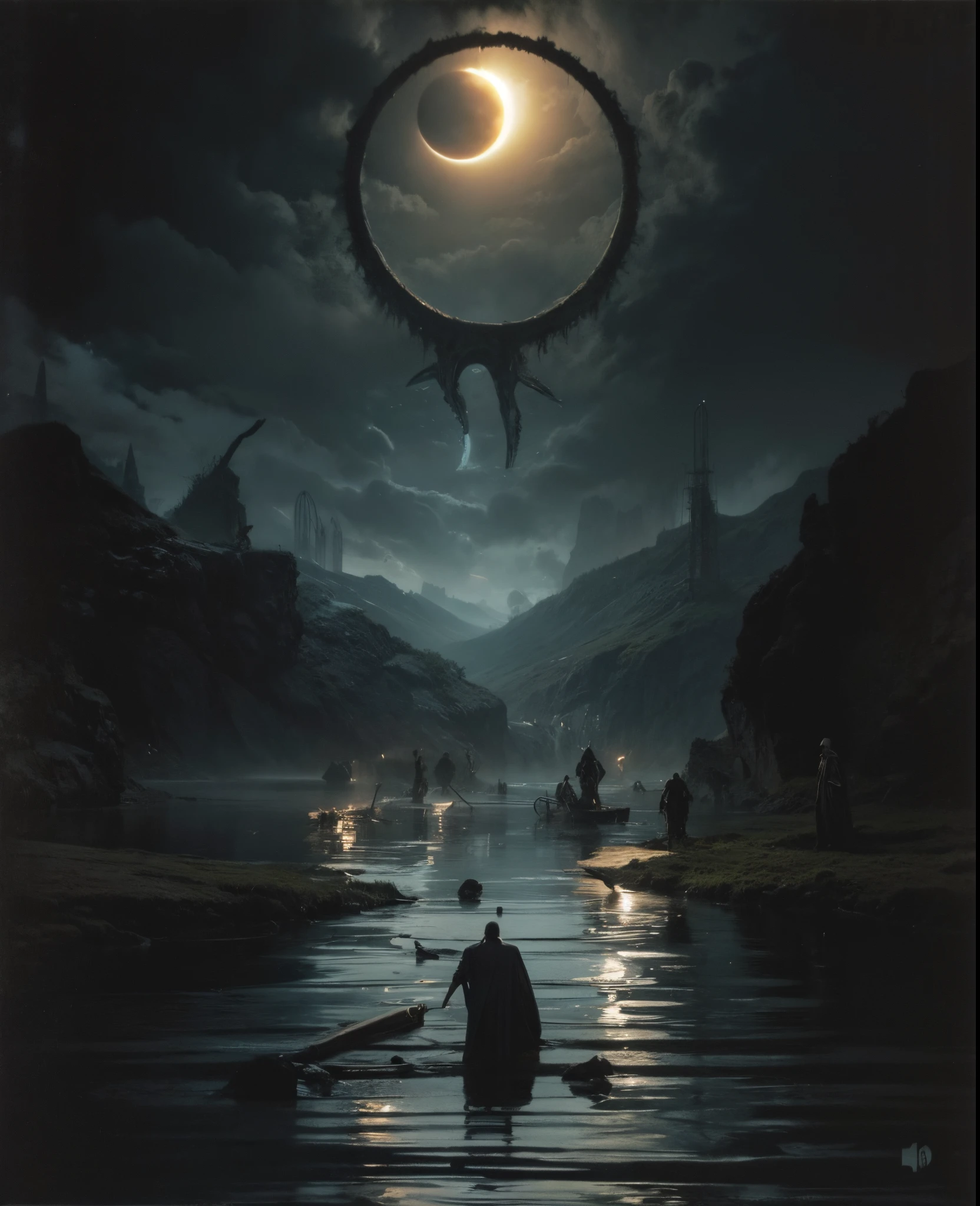 Imagen arafeada de un hombre parado en el agua con una mano gigante en el fondo., Arte oscuro surrealista, Sol negro, con soles negros en el cielo, dramatic artwork, Arte surrealista oscuro, eclipse, Eclipse eterno, Arte oscuro altamente detallado, enorme y gigantesco sol negro, album art, by Kristian Kreković, Sol oscuro, an ominous fantasy illustration