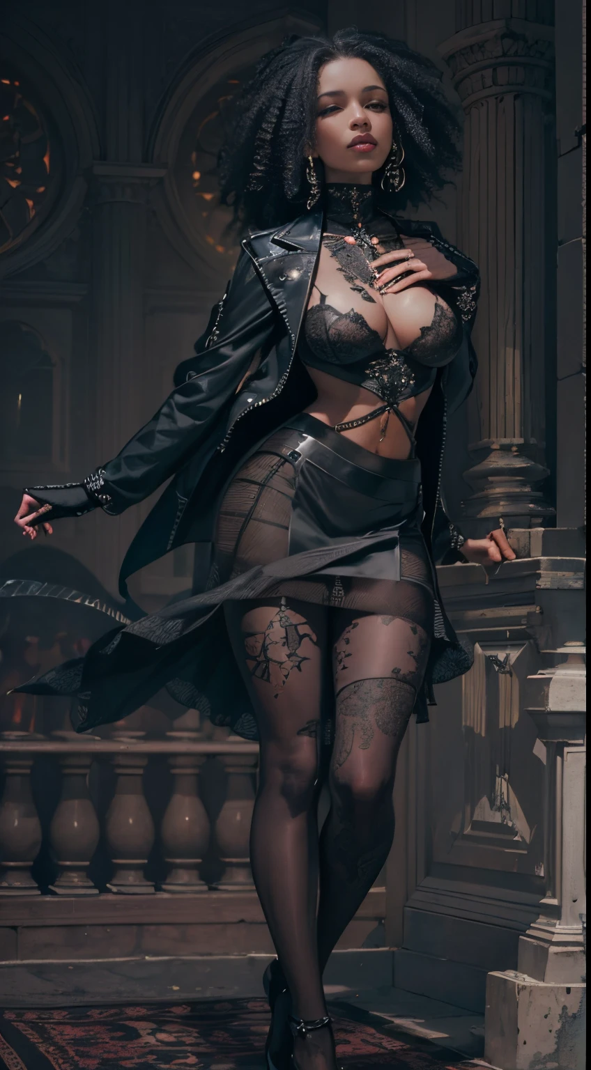 (best quality, 4k, 8k, highres, masterpiece:1.2), ultra-detailed, (realistic,photorealistic,photo-realistic:1.37), gorgeous light skin black woman, vampire, seductive gaze, gothic background, sensual beauty, gothic fashion, ripped black gothic miniskirt, torn clothes, (((patterned pantyhose))), (((small breasts))),dark colors, moody lighting, full body pose, (((crawling))), (((full hips)))