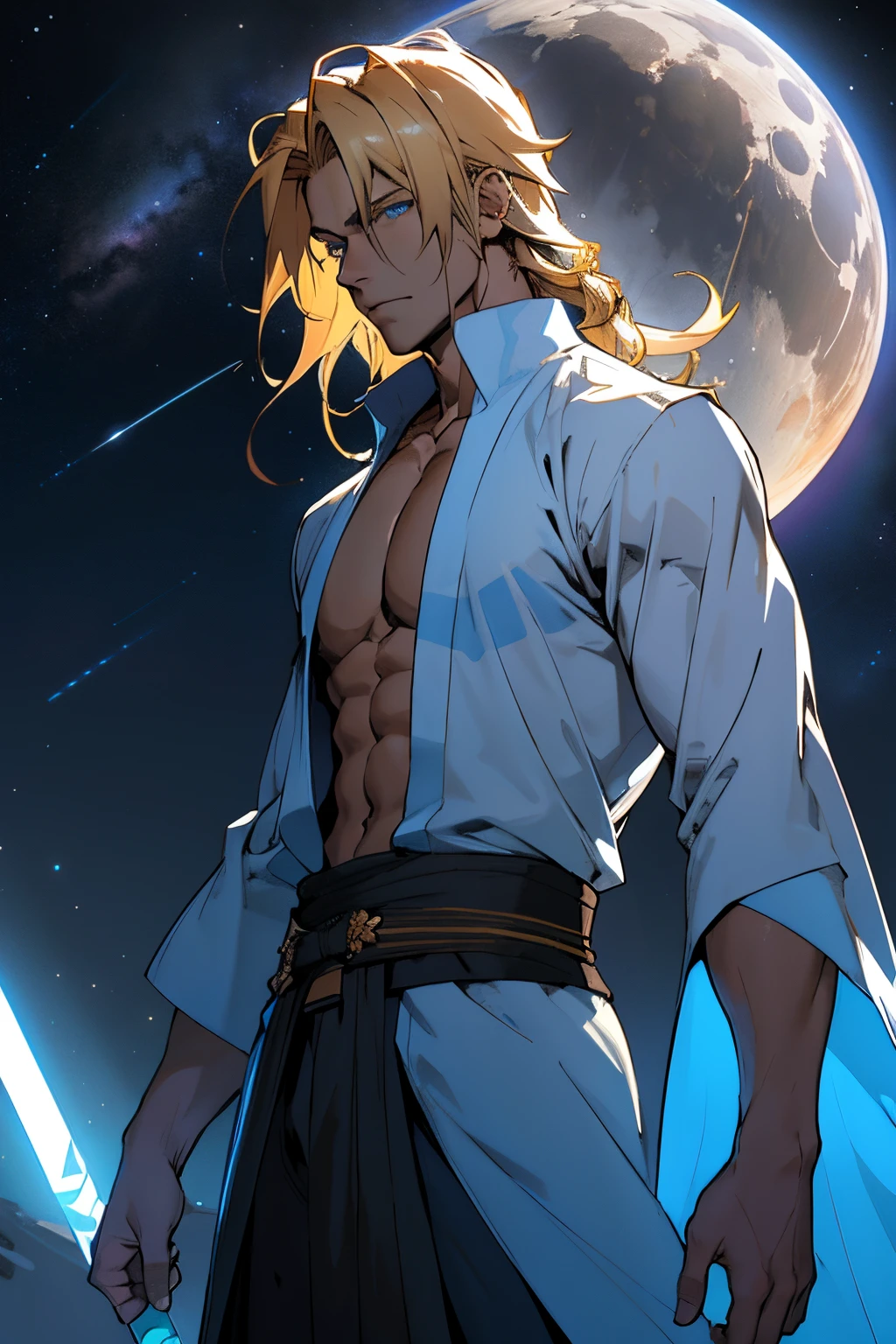 JEDI ROBE. masterpiece, best quality blue eyes, cg game, 1 boy, alone, male focus, looking at viewer, upper body, handsome teen, long yellow hair (shoulder length hair), tight blue eyes, dark brown tight shirt, (open shirt) toned muscles, pecs, 8 abs, toned legs, slightly bulging, night, stars moon, nebulae, space city, Jedi robe, space city