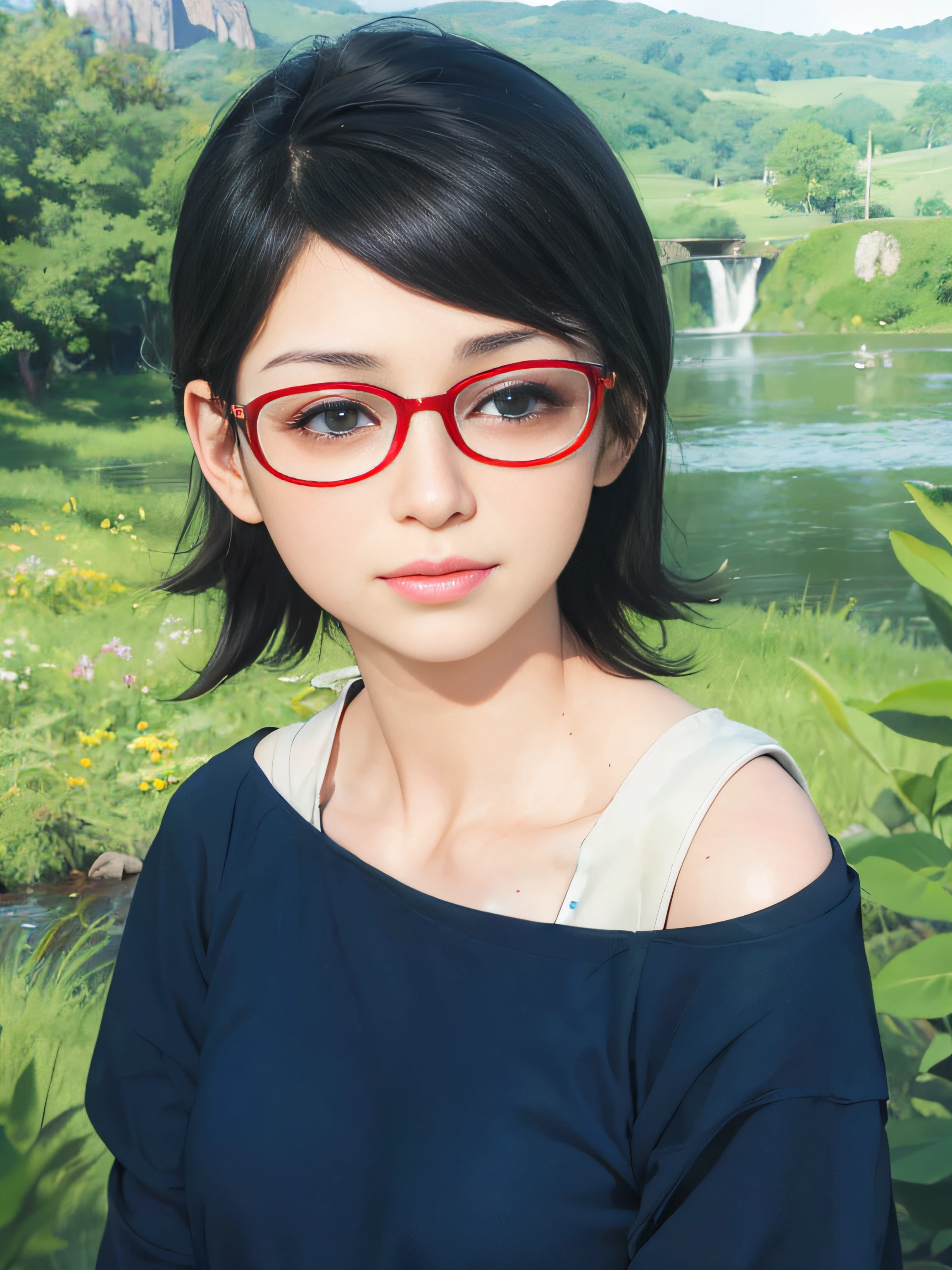masterpiece, best quality, (realistic,photo-realistic:1.4), (RAW photo:1.2), extremely detailed CG unity 8k wallpaper, delicate and beautiful, amazing,finely detail, official art, absurdres, incredibly absurdres, huge filesize, ultra-detailed,extremely detailed eyes and face,light on face,(little smile),(wearing red framed glasses:1.4),sarada,(black hair:1.4),short hair,(wearing towel:1.4),(nature background:1.4),night