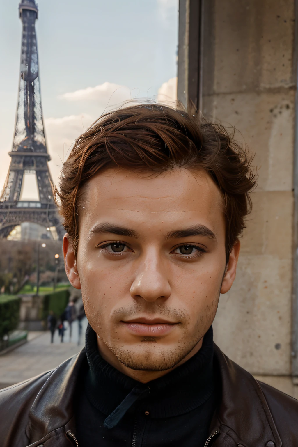 Portrait homme, 25 ans mec, cheveux undules orange (roux), yeux marrons, better 4K quality, The Eiffel Tower in the background