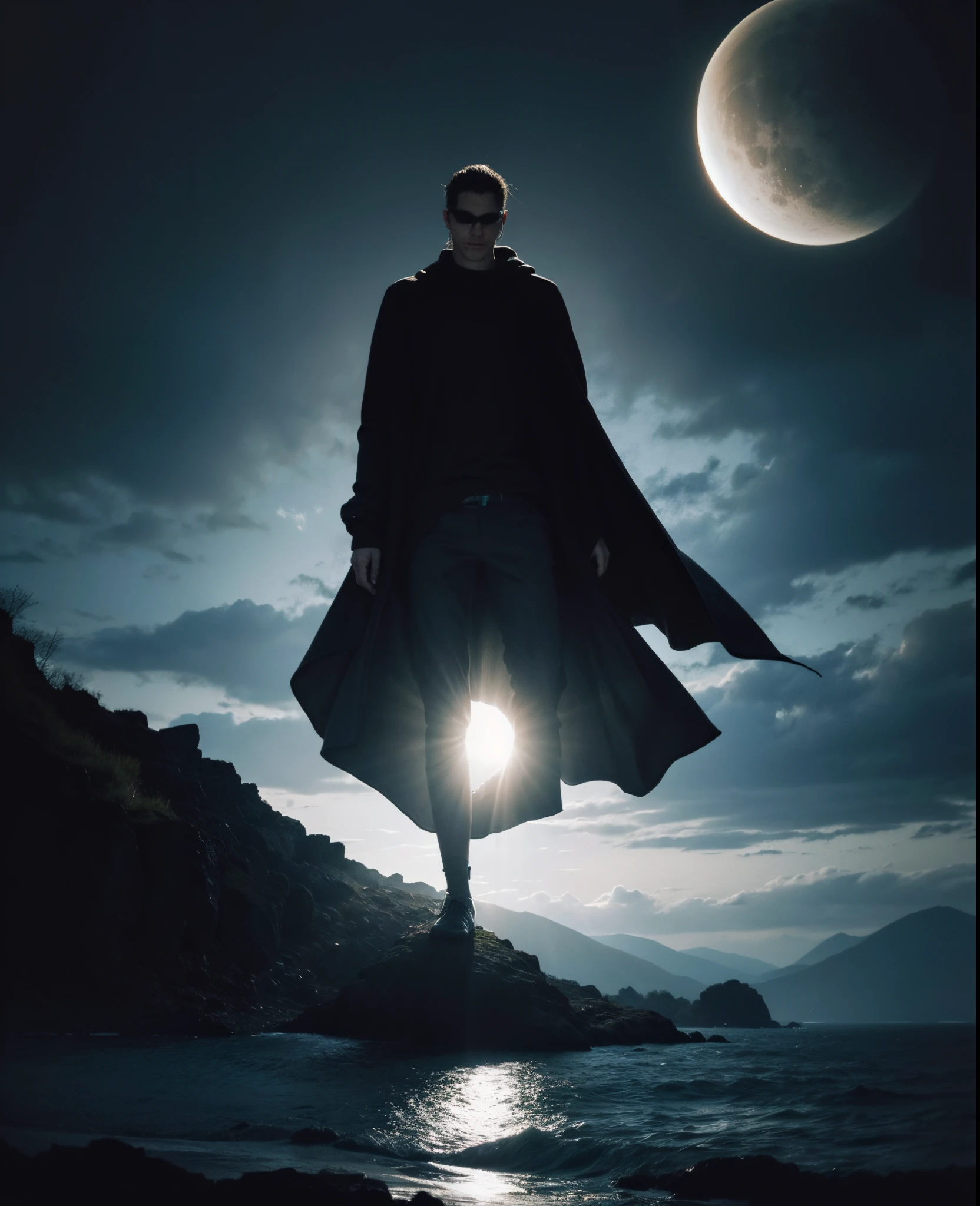 Imagen arafeada de un hombre parado en el agua con una mano gigante en el fondo., a cover of the album by Kristian Kreković, tumblr, surrealismo, Arte oscuro surrealista, Sol negro, con soles negros en el cielo, dramatic artwork, Arte surrealista oscuro, eclipse, Eclipse eterno, Arte oscuro altamente detallado, enorme y gigantesco sol negro, album art