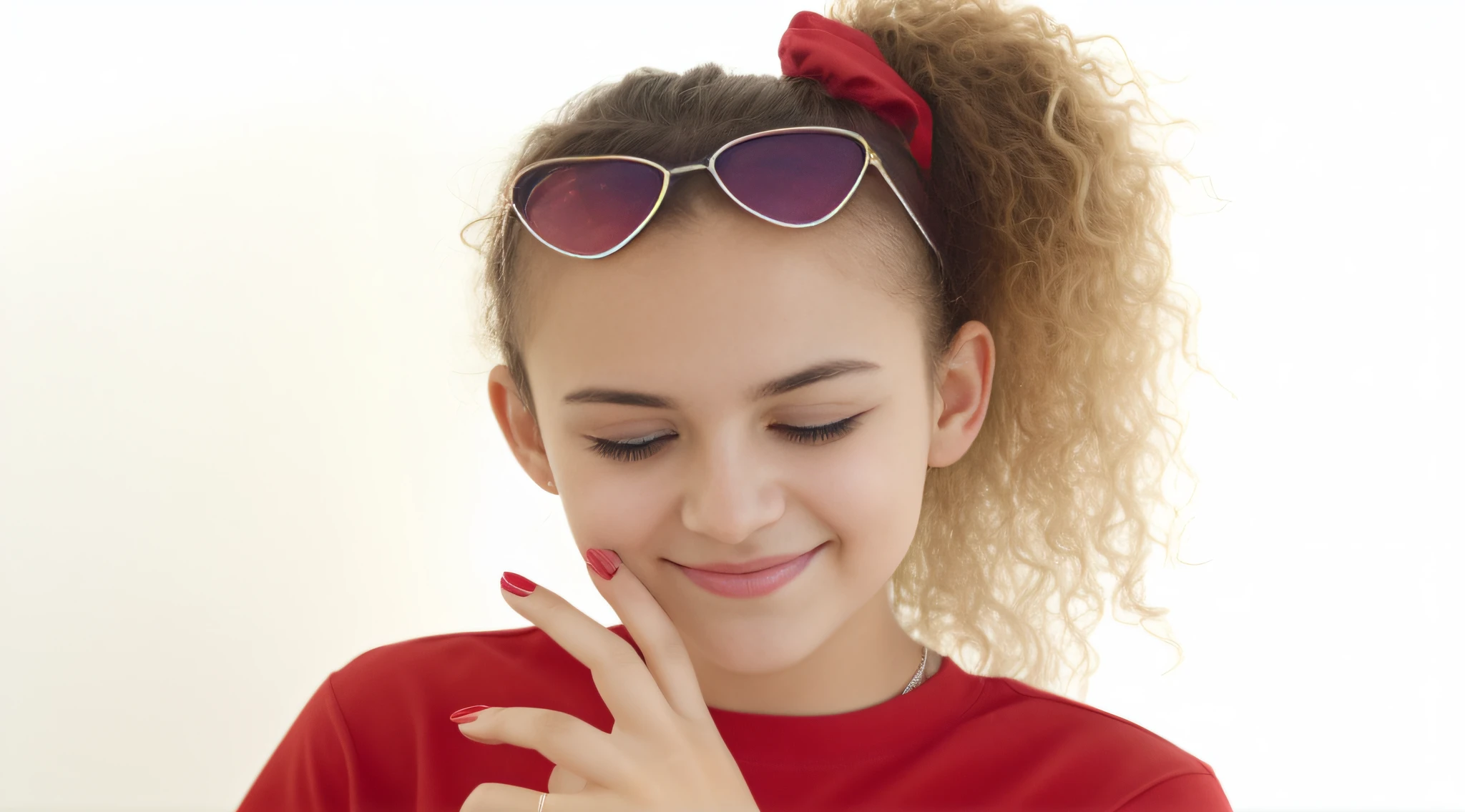 there is a young woman in a red shirt and sunglasses, jovem bonito, Meninaana de pele clara, menina jovemito, Retrato lateral da menina bonito, gir glasses, lindo modelo jovem, menina bonito, Rapariga,ando de camisa rindo, unhas pintadas, red sunglasses, with sun glasses, girl wearing round glasses, jovem adolescente, garoto chamado dedo
