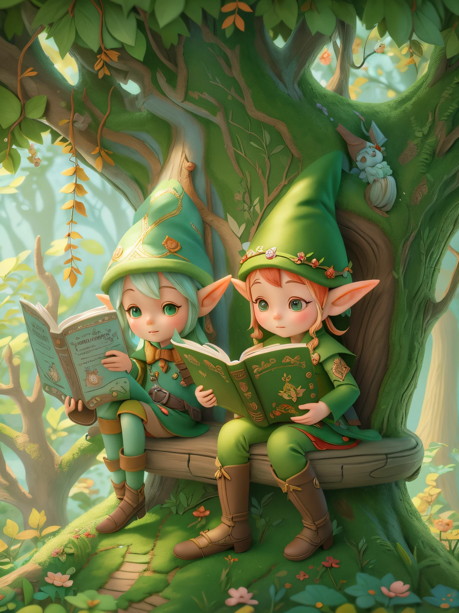 There are two elves sitting in the tree reading a book, the elf, artstation for kids art, elves house, Elf sitting on the couch, Cute and detailed digital art, lalafell, elf forest background, Cute 3d rendering, Stylized 3D rendering, lovely digital painting, little elf girl, Lovely detailed artwork, detailed 2d illustration, fantasy art style