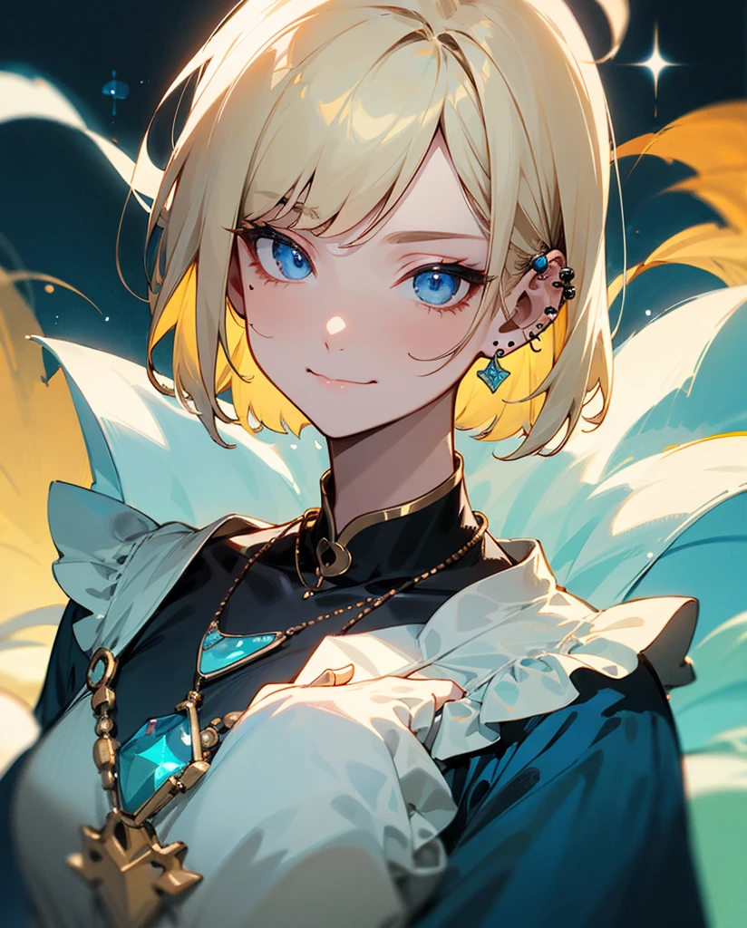 cute cool beautiful woman、Illustration style、Dark blue eyes、Hairstyle Bob、Ear-piercing、necklace on neck、a blond、dark fantastic background、delicate sparkling clothes、A faint smile、独奏