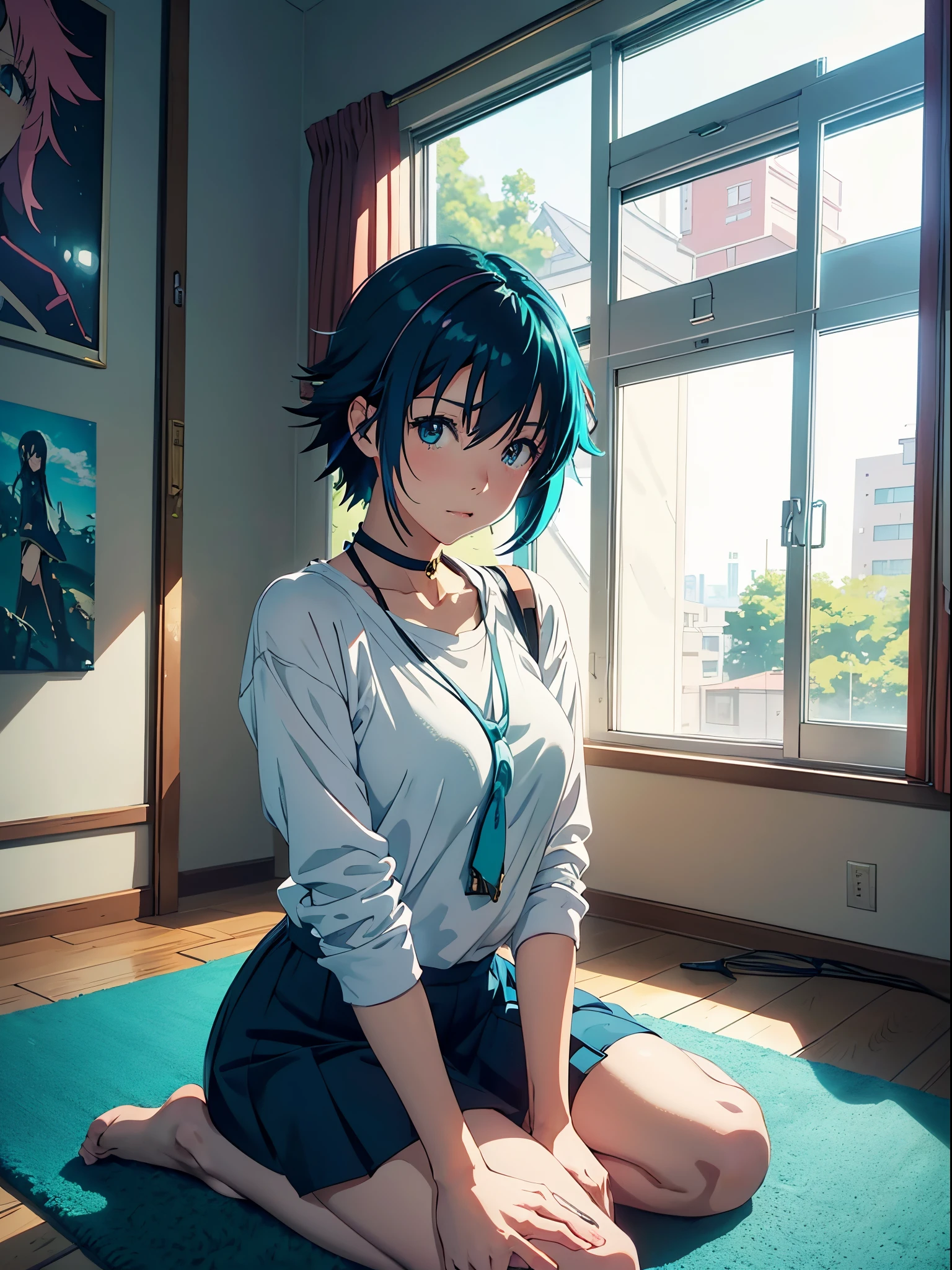anime girl sitting on a mat in a room with a picture on the wall, beautiful anime high school girl, young anime girl, ( ( makoto shinkai ) ), anime moe artstyle, attractive anime girl, anime visual of a cute girl, seductive anime girl, an anime girl, makoto shinkai style, beautiful anime girl, anime girl with teal hair
