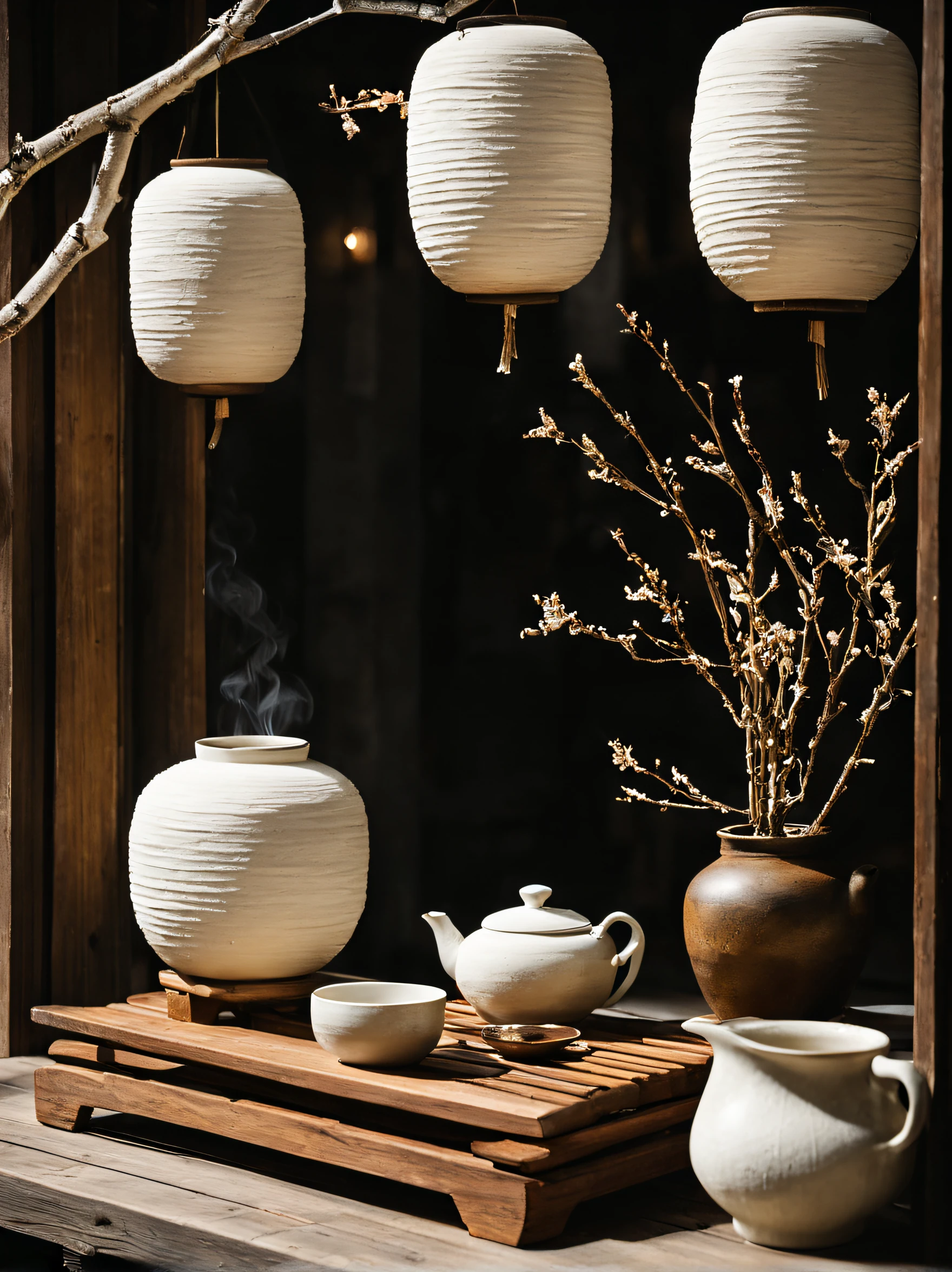 close-up of display window seen from outside, modern and elegant wabi-sabi style, impressively bright, serenidade, not too much detail or color, a personalized presentation of modern japanese zen style, the dilapidated display window seen from the outside, white textured paper lantern, zen-like dead branches in the corner, there are dead branches on the long wooden bench, tea set, tea making, japanese elegant and simple small white ceramic tea set, zen elements, elegant and high-end effect, make it look textured, simple design, hyper hd, ultra-detailed, (super quality, super meticulous, super complex, extremly intricate), soft and natural light and shadow, (burn an incense smoke), without humans, ultra-wide-angle, (detailed texture), background covered with film grain, (nighttime scene, cold light), designed small plants
