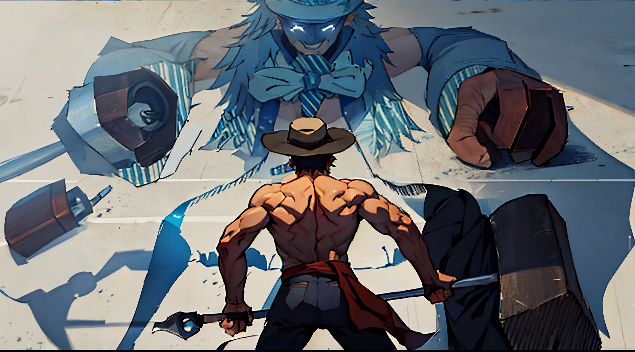 Naked muscular cowboy holding hammer,Back-to-back view, concept-art!!, cel shadow!!!, Rough sketch, An anime picture,A strong man in a suit and ties faces the audience,Sense of oppression,duel