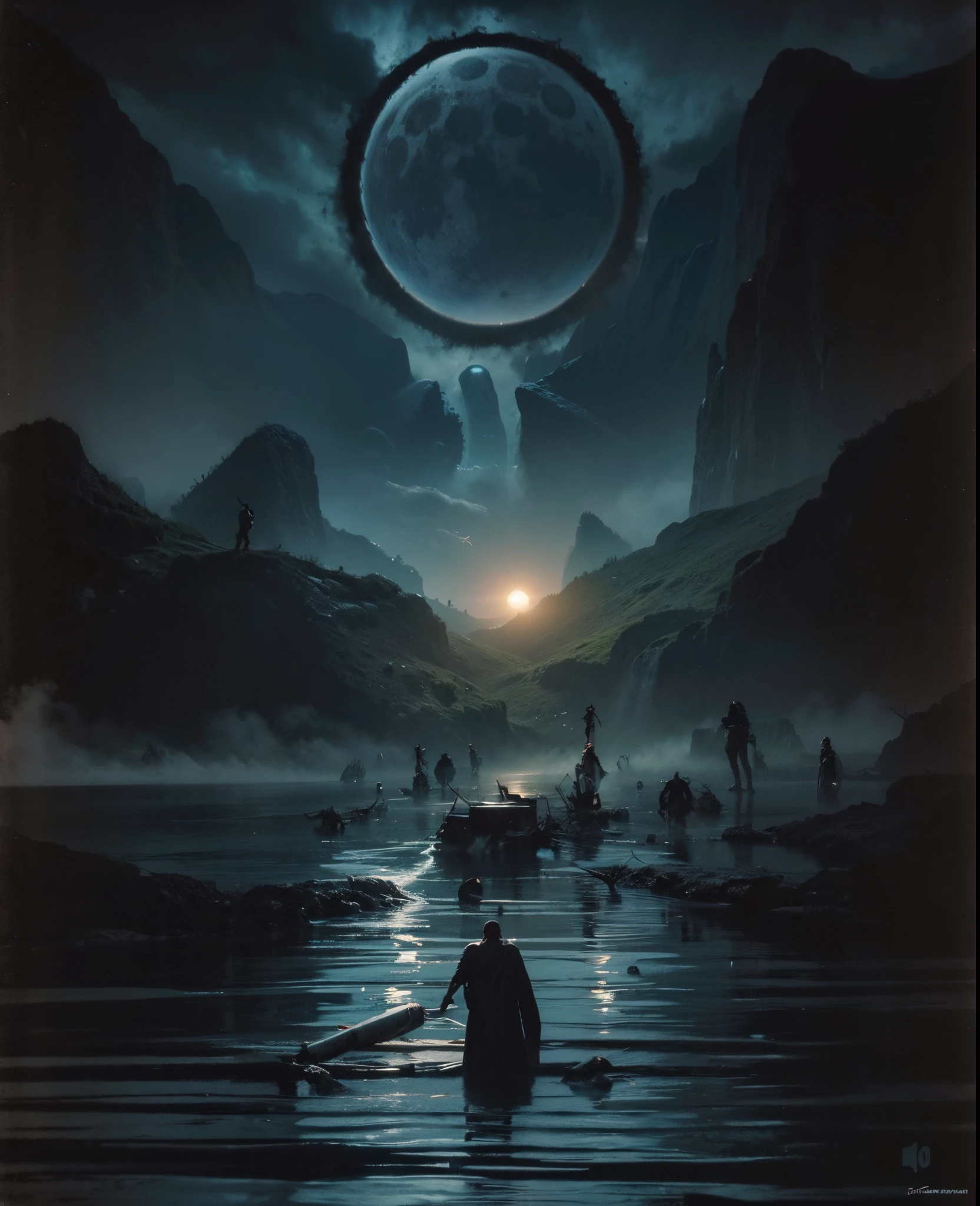 Imagen arafeada de un hombre parado en el agua con una mano gigante en el fondo., Arte oscuro surrealista, Sol negro, con soles negros en el cielo, dramatic artwork, Arte surrealista oscuro, eclipse, Eclipse eterno, Arte oscuro altamente detallado, enorme y gigantesco sol negro, album art, by Kristian Kreković, Sol oscuro, an ominous fantasy illustration