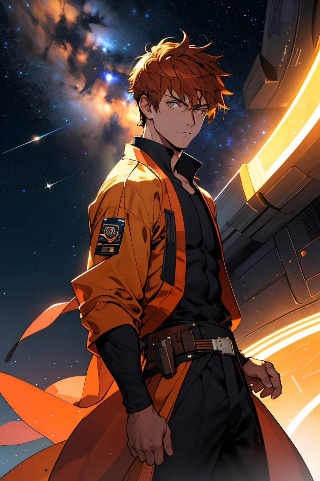 JEDI ROBE. masterpiece, best quality golden eyes, cg game, 1 boy, alone, male focus, looking at viewer, upper body, handsome teen, long dark orange hair (military haircut), tight yellow eyes, dark brown tight shirt, (open shirt) toned muscles, pecs, 8 abs, toned legs, slightly bulging, night, stars moon, nebulae, space city, Jedi robe, space city