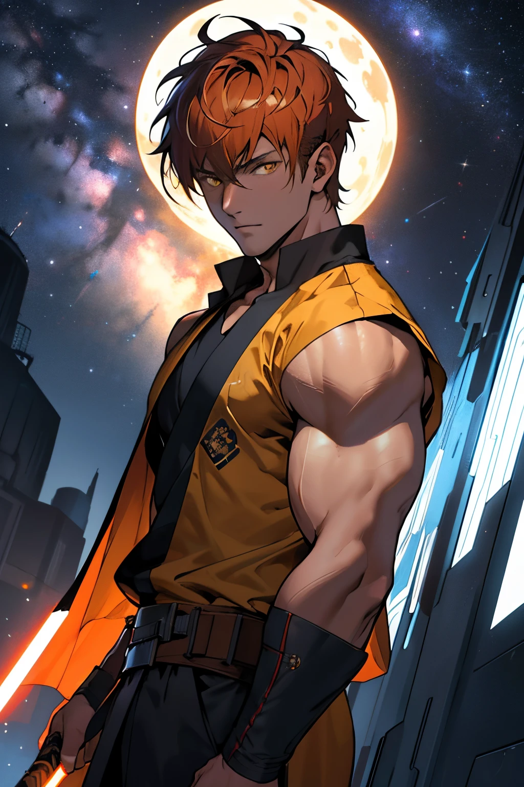 JEDI ROBE. masterpiece, best quality golden eyes, cg game, 1 boy, alone, male focus, looking at viewer, upper body, handsome teen, long dark orange hair (military haircut), tight yellow eyes, dark brown tight shirt, (open shirt) toned muscles, pecs, 8 abs, toned legs, slightly bulging, night, stars moon, nebulae, space city, Jedi robe, space city