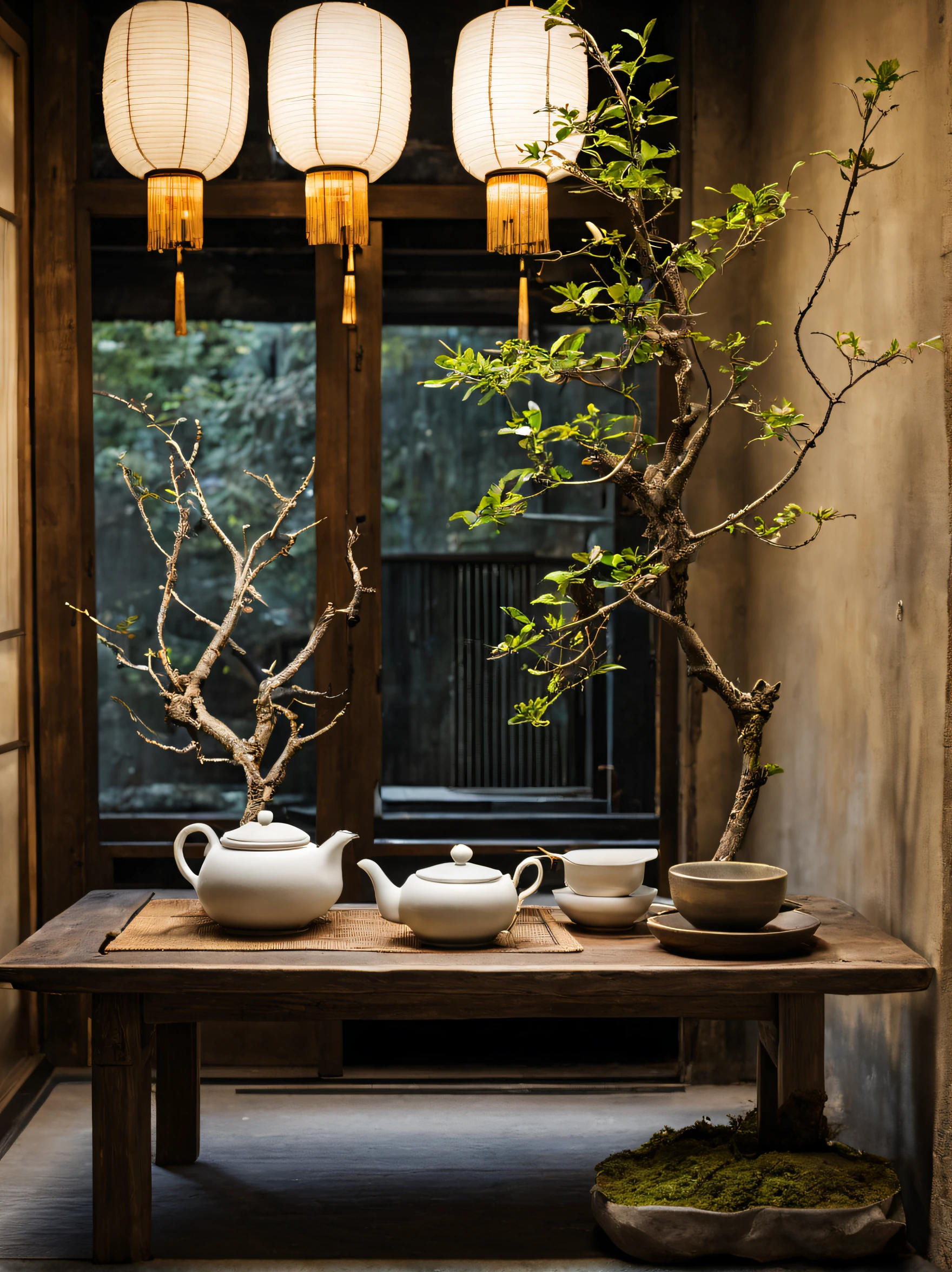 close-up of display window seen from outside, modern and elegant wabi-sabi style, impressively bright, serenidade, not too much detail or color, a personalized presentation of modern japanese zen style, the dilapidated display window seen from the outside, white textured paper lantern, zen-like dead branches in the corner, there are dead branches on the long wooden bench, tea set, tea making, japanese elegant and simple small white ceramic tea set, zen elements, elegant and high-end effect, make it look textured, simple design, hyper hd, ultra-detailed, (super quality, super meticulous, super complex, extremly intricate), soft and natural light and shadow, (burn an incense smoke), without humans, ultra-wide-angle, (detailed texture), background covered with film grain, (nighttime scene, cold light), designed small plants