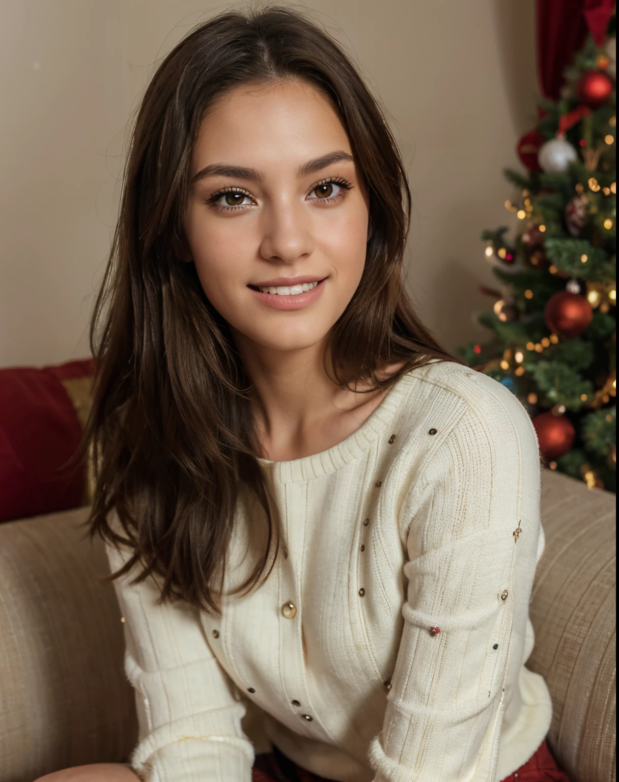 A head only view of a beautiful European girl with brown eyes and brunette hair, wearing a Christmas jumper, sitting in a lounge decorated for Christmas, smiling, ultra-high resolution, (photorealistic: 1.4), high resolution, (brown eyes), (finely detailed skin), (perfectly proportioned) (photo realistic) (masterpiece) (photorealistic), ultrarealistic (Best Quality) (Detailed) photographed in a Canon EOS R5, 50mm Lens, F/2.8, (8K) (Wallpaper) (Natural lighting) (Convoluted) Fashion