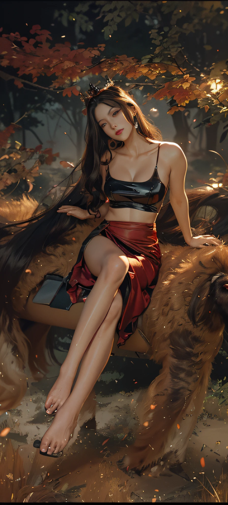 The highest image quality, excellent details, 超A high resolution, (hentail realism: 1.4), Most Best Illustration, I loved every detail, High concentration 1 person, Exquisite and beautiful face, Wearing black and red mecha, Bigger, Long grey hair, dishevled hair, tiara crown, Wide buttock, riding on motorcycle, Turn around, The background is a high-tech lighting scene of a futuristic city