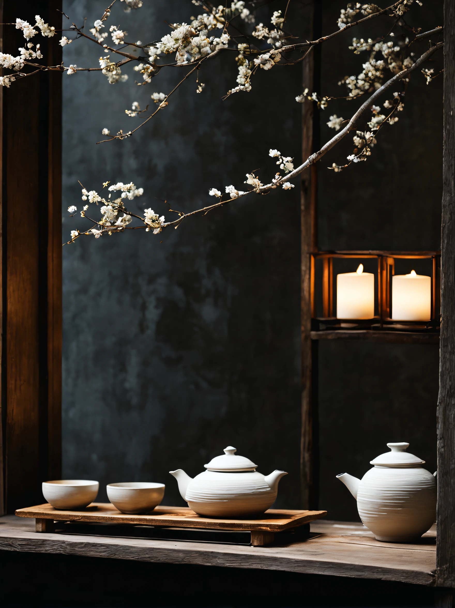close-up of display window seen from outside, modern and elegant wabi-sabi style, impressively bright, serenidade, not too much detail or color, a personalized presentation of modern japanese zen style, the dilapidated display window seen from the outside, white textured paper lantern, zen-like dead branches in the corner, there are dead branches on the long wooden bench, tea set, tea making, japanese elegant and simple small white ceramic tea set, zen elements, elegant and high-end effect, make it look textured, simple design, hyper hd, ultra-detailed, (super quality, super meticulous, super complex, extremly intricate), soft and natural light and shadow, (burn an incense smoke), without humans, ultra-wide-angle, (detailed texture), background covered with film grain, (nighttime scene, cold light), designed small plants