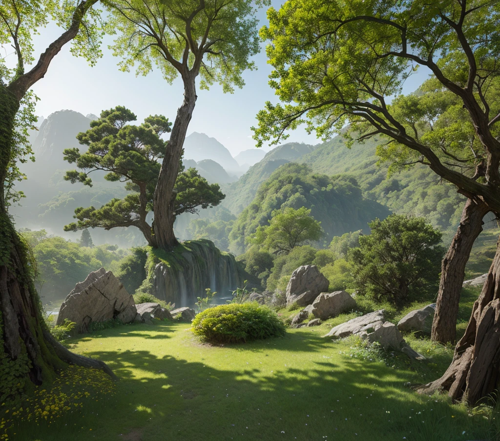 (absurd res, A high resolution, ultra - detailed), Forest garden, fanciful, florals,Ruins of trees and rocks,grassy, Calmly, Complicated details, concept-art, digitial painting, to contrast, concept-art, digitial painting