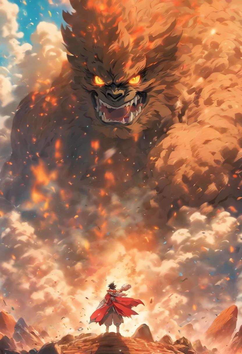 Best quality,tmasterpiece,8K,Detailed details,hyper-high detail,Mountain giant,Rock giant,Humanoid monster made of rock,Raise both hands,Smash the ground wildly,The earth cracks,废墟,with smoke and dust filling the air,smooggy,The body passes through the clouds,without humans