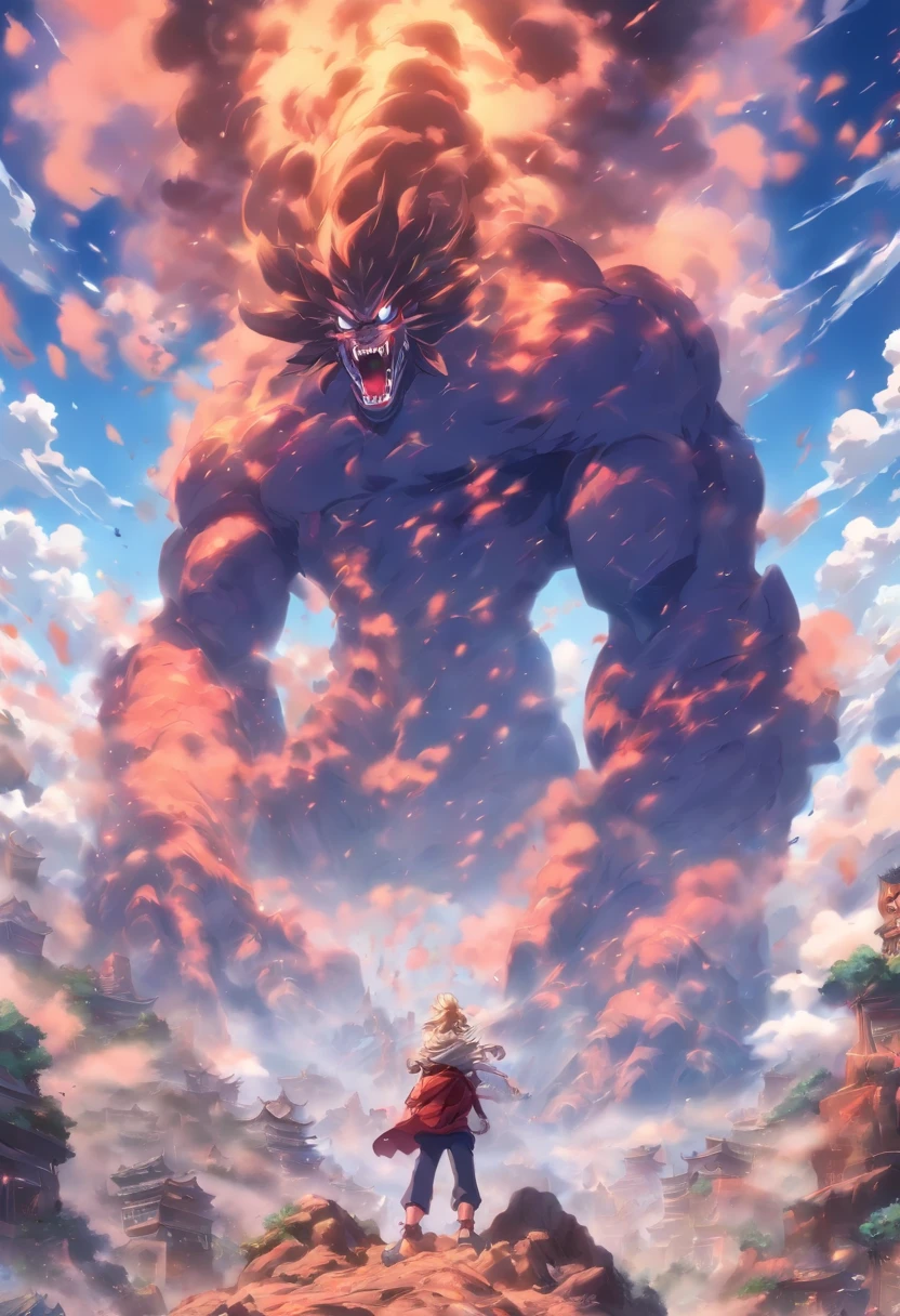 Best quality，tmasterpiece，8K，Detailed details，hyper-high detail，Mountain giant，Rock giant，Humanoid monster made of rock，Raise both hands，Smash the ground wildly，The earth cracks，废墟，with smoke and dust filling the air，smooggy，The body passes through the clouds，without humans