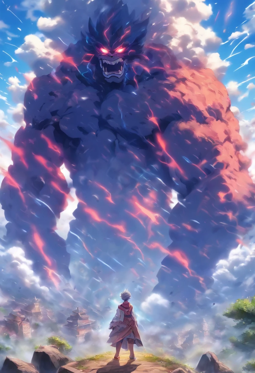 Best quality，tmasterpiece，8K，Detailed details，hyper-high detail，Mountain giant，Rock giant，Humanoid monster made of rock，Raise both hands，Smash the ground wildly，The earth cracks，废墟，with smoke and dust filling the air，smooggy，The body passes through the clouds，without humans