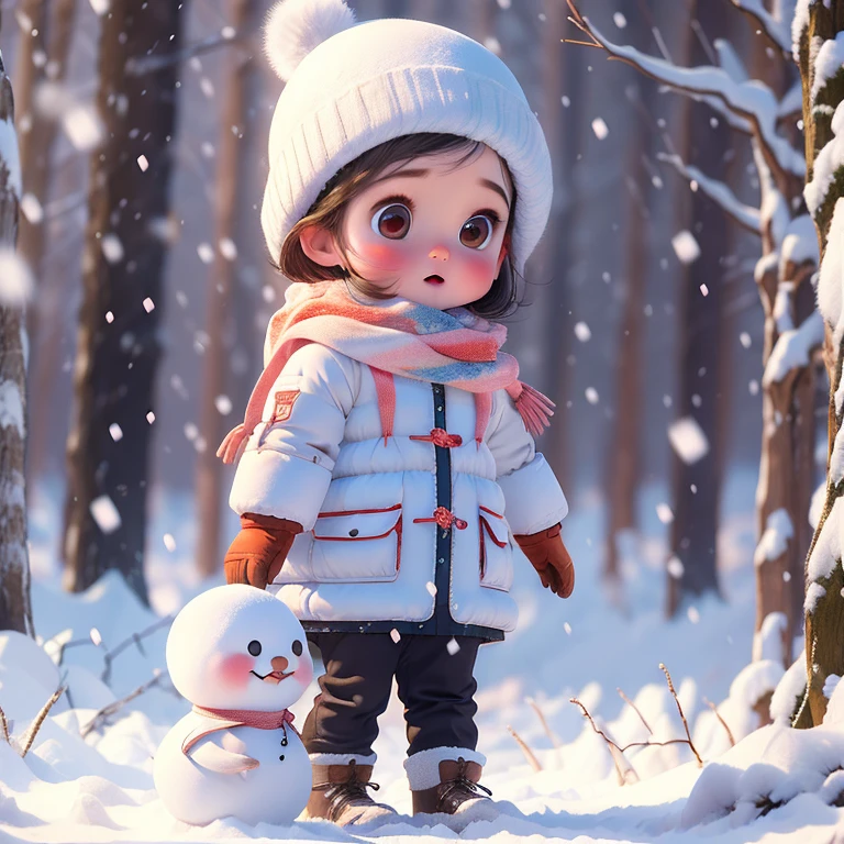 a cute and adorable 3 year old girl  standing on roadside in winter, snow falling