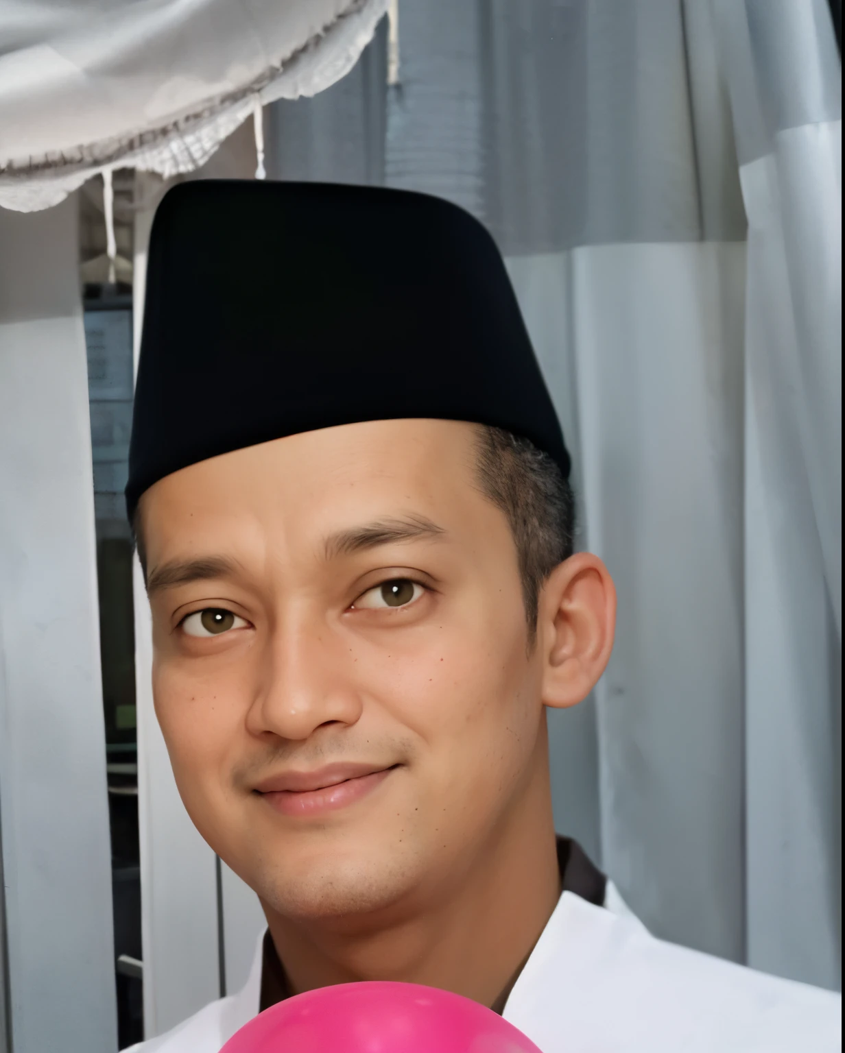 arafed man in a black hat holding a pink balloon, inspired by Basuki Abdullah, ismail, ramil sunga, raden saleh, close up potrait, mohamed chahin, saadane afif, inspired by Ismail Acar, khyzyl saleem, potrait, comming, riyahd cassiem, protrait