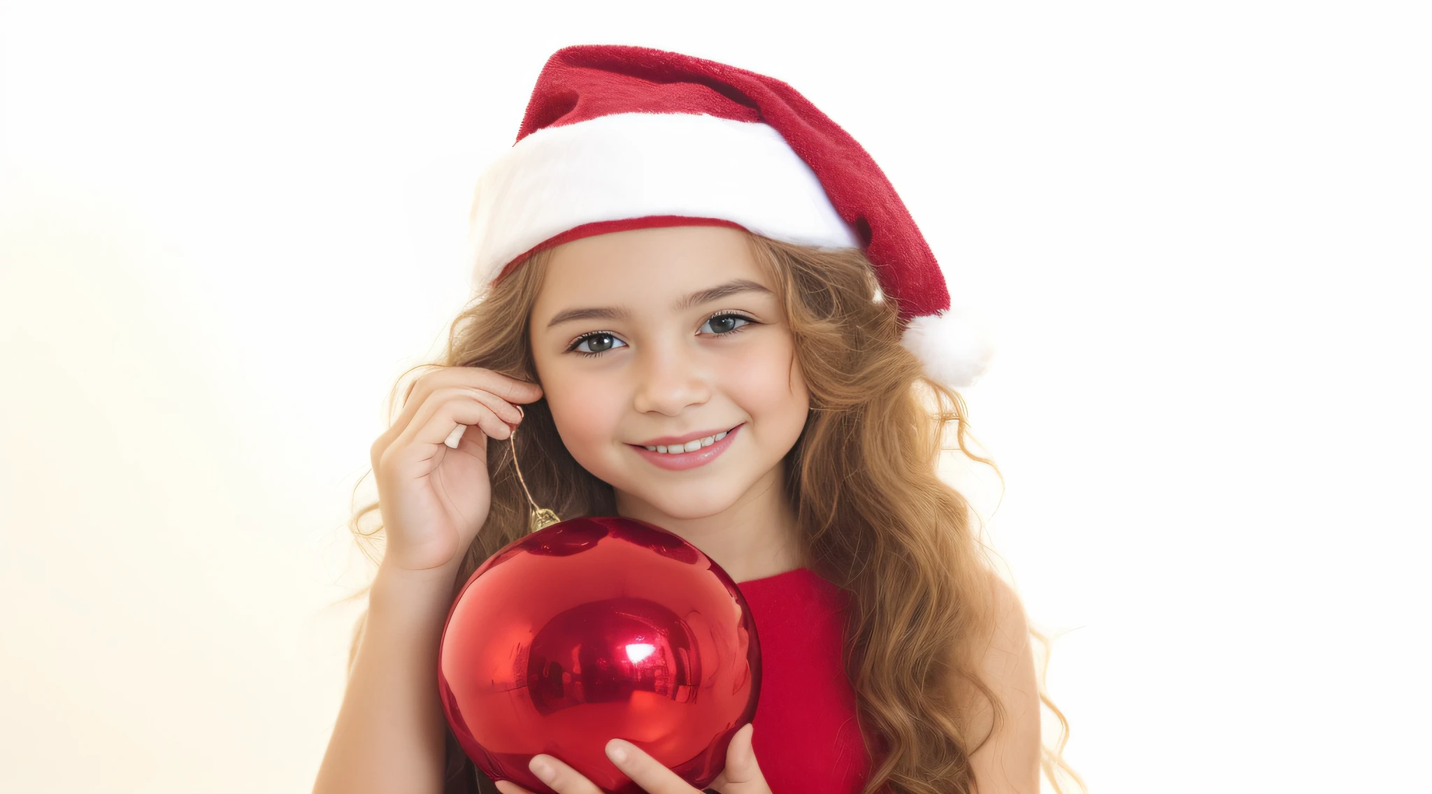 there is a young girl holding a red Christmas ornament, wearing a santa hat, wearing santa hat, garotada, Natal, usando roupas festivas, garota, cabrito, Santa, segurando um sino, Giro, Garotinha, red dress and hat, childrens, childrens, menina jovem bonito, menina jovem e bonito, menina elfo adolescente, uma foto, foto comercial do brinquedo