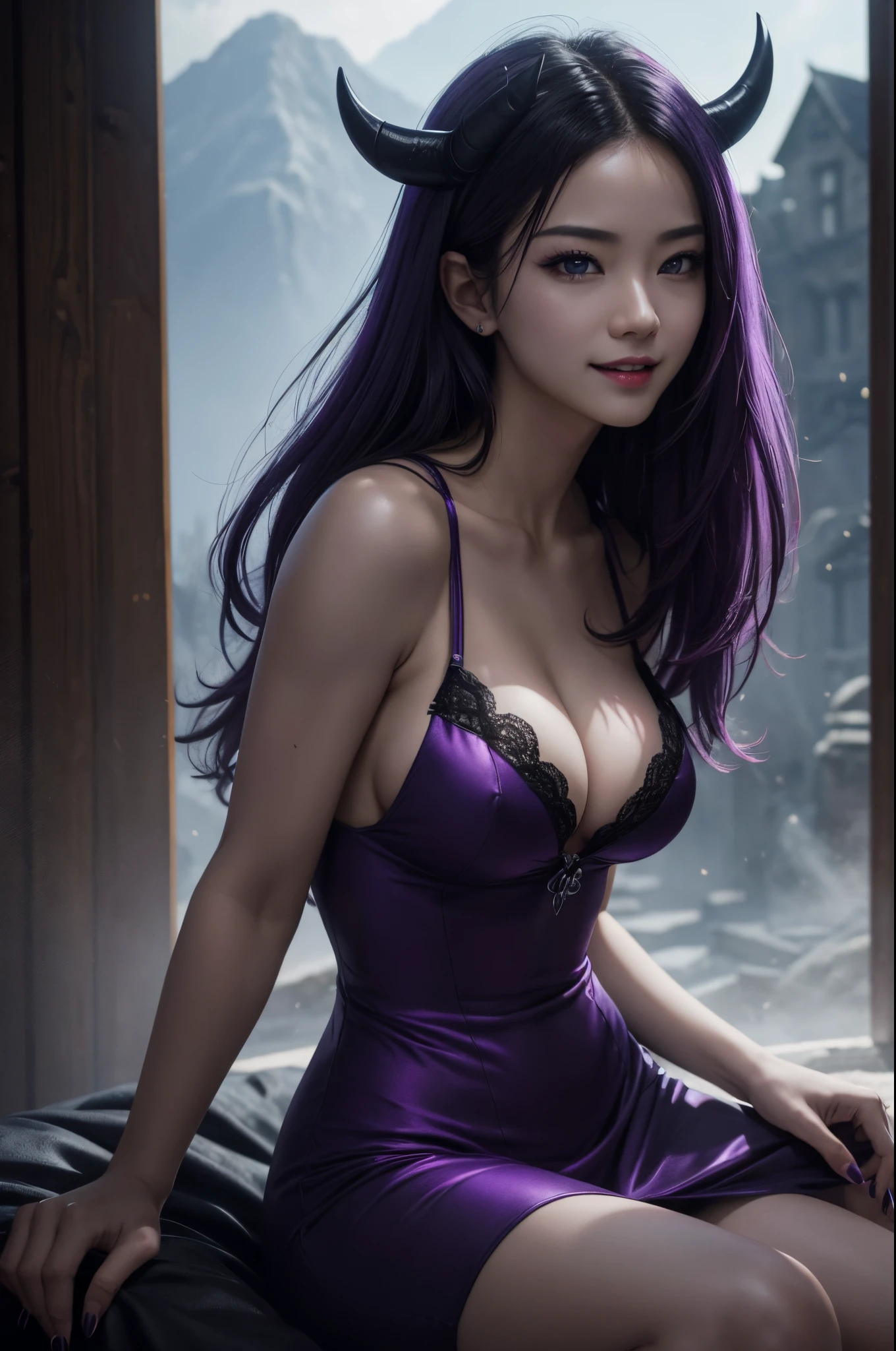 8K,beautiful and very big breasts(demon woman:1)portraitures:1.5)A picture of hell with a castle and a horde of demons(((​masterpiece)))、((top-quality))、realisitic、Gorgeous jet black and purple Demon Slayer exterior、slender muscular female body,A sexy,Purple eyes,ultra-detailliert、Crazy smile、landscapes、concept-art、exceptionally detailed RAW color photo、Side Angle、(lensflare:0.7)、Particle effect、Ray traching、cinematlic lighting、Shallow depth of field、photographed on a Sony Alpha 1、50mm wide angle lens、foco nítido、Cinematic Film Still、 dynamicposes、、(realisitic:1.3)、超A high resolution,Fangs in the mouth,long purple nails,enticing,Emphasizes cleavage,A gaze that seduces viewers,