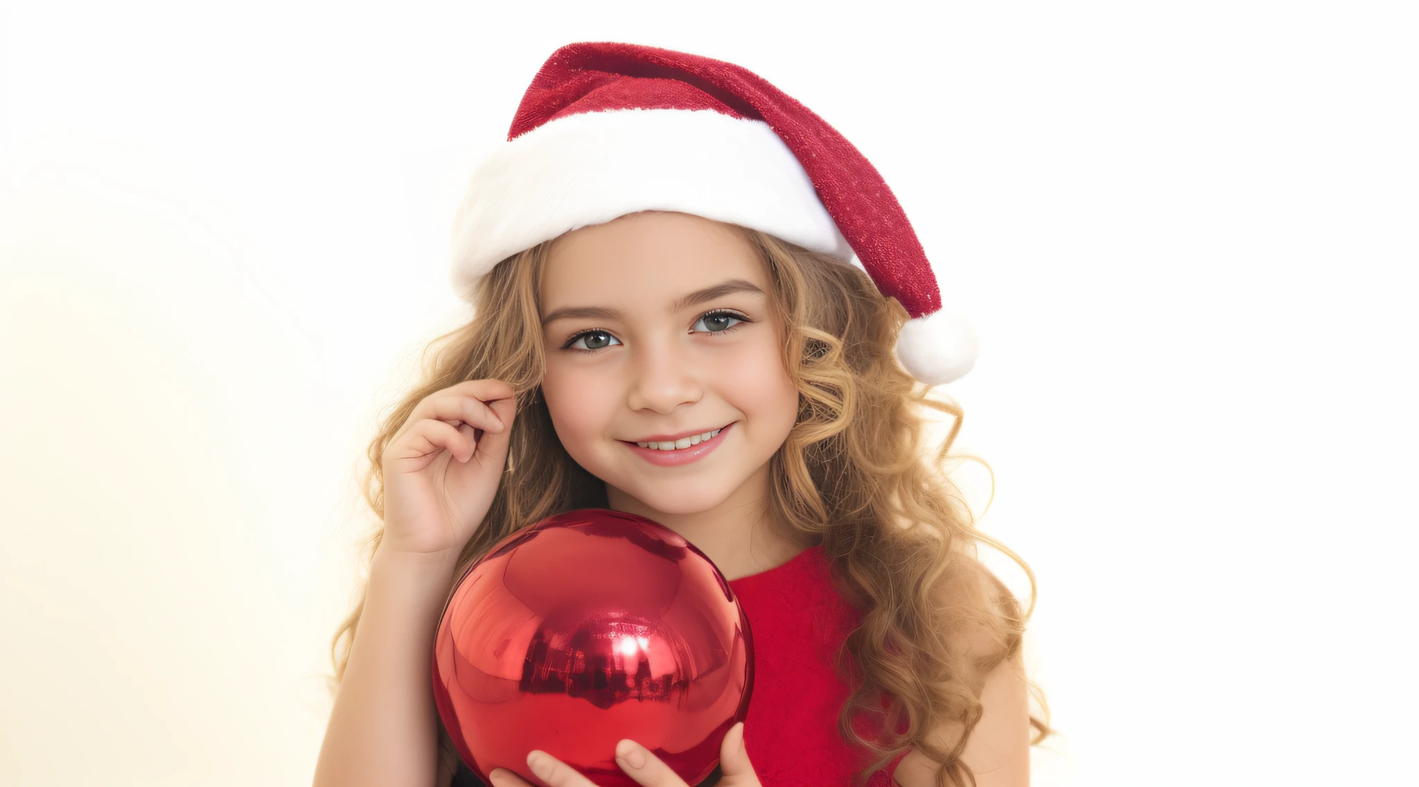 there is a young girl holding a red Christmas ornament, wearing a santa hat, wearing santa hat, garotada, Natal, usando roupas festivas, garota, cabrito, Santa, segurando um sino, Giro, Garotinha, red dress and hat, childrens, childrens, menina jovem bonito, menina jovem e bonito, menina elfo adolescente, uma foto, foto comercial do brinquedo