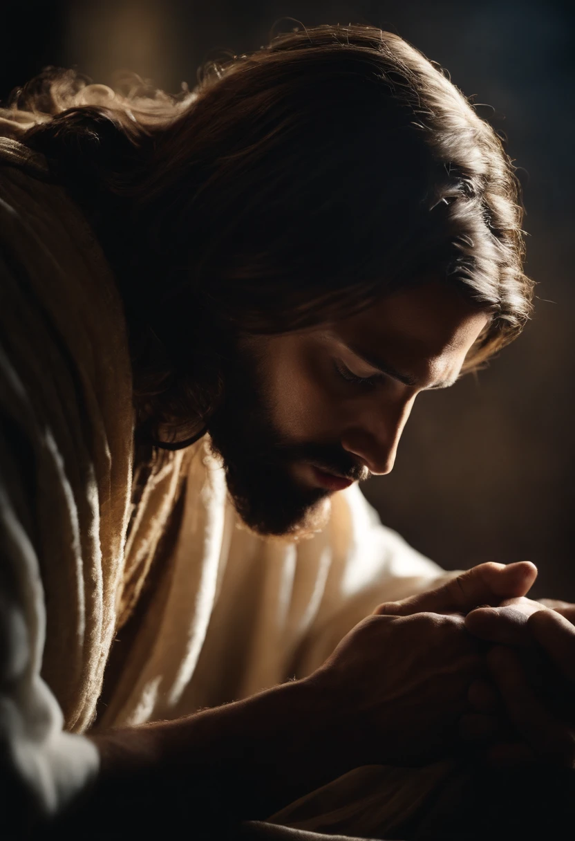 "Create an image of Jesus in profile, depicted in the act of prayer with hands clasped together."