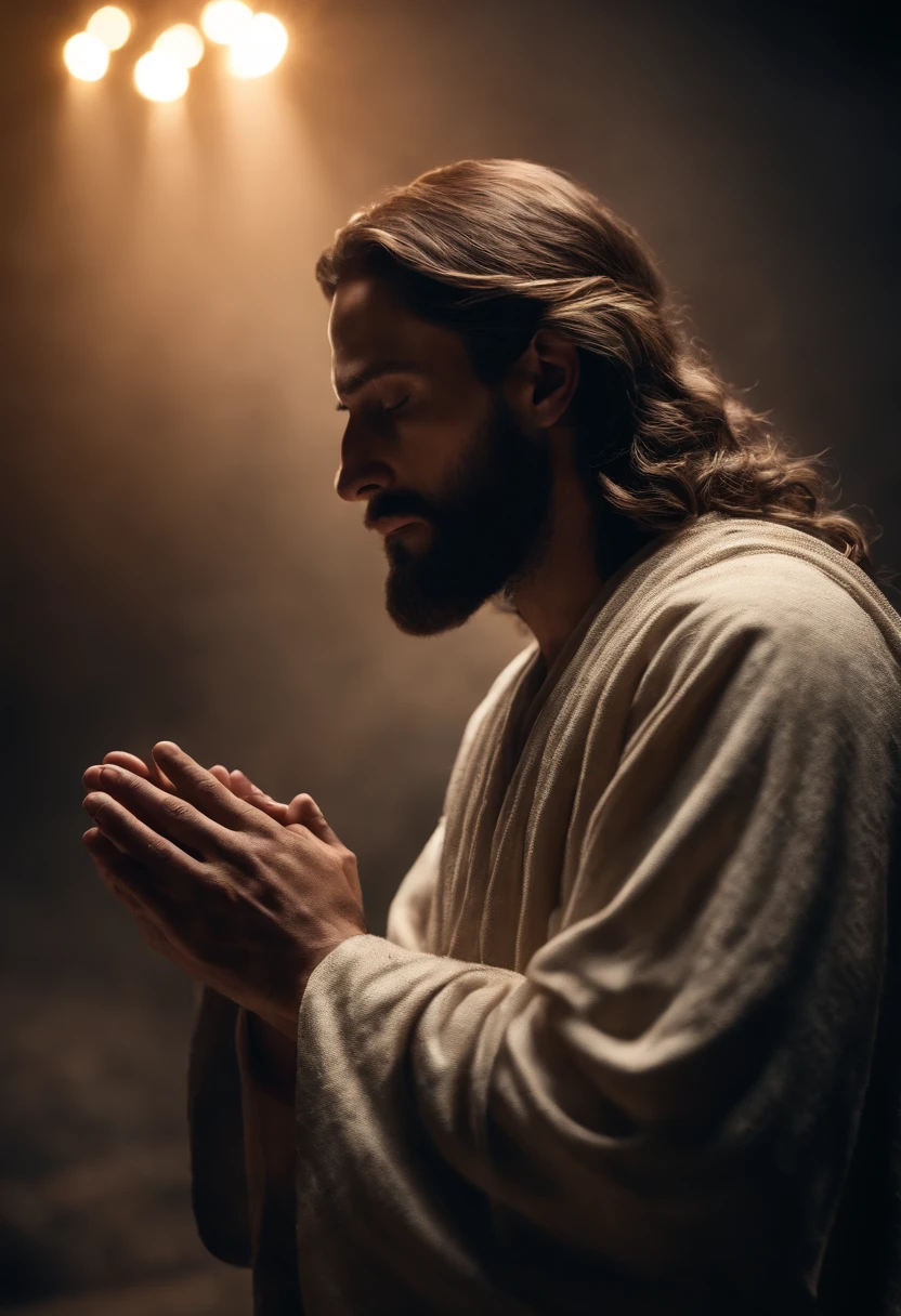 "Create an image of Jesus in profile, depicted in the act of prayer with hands clasped together."