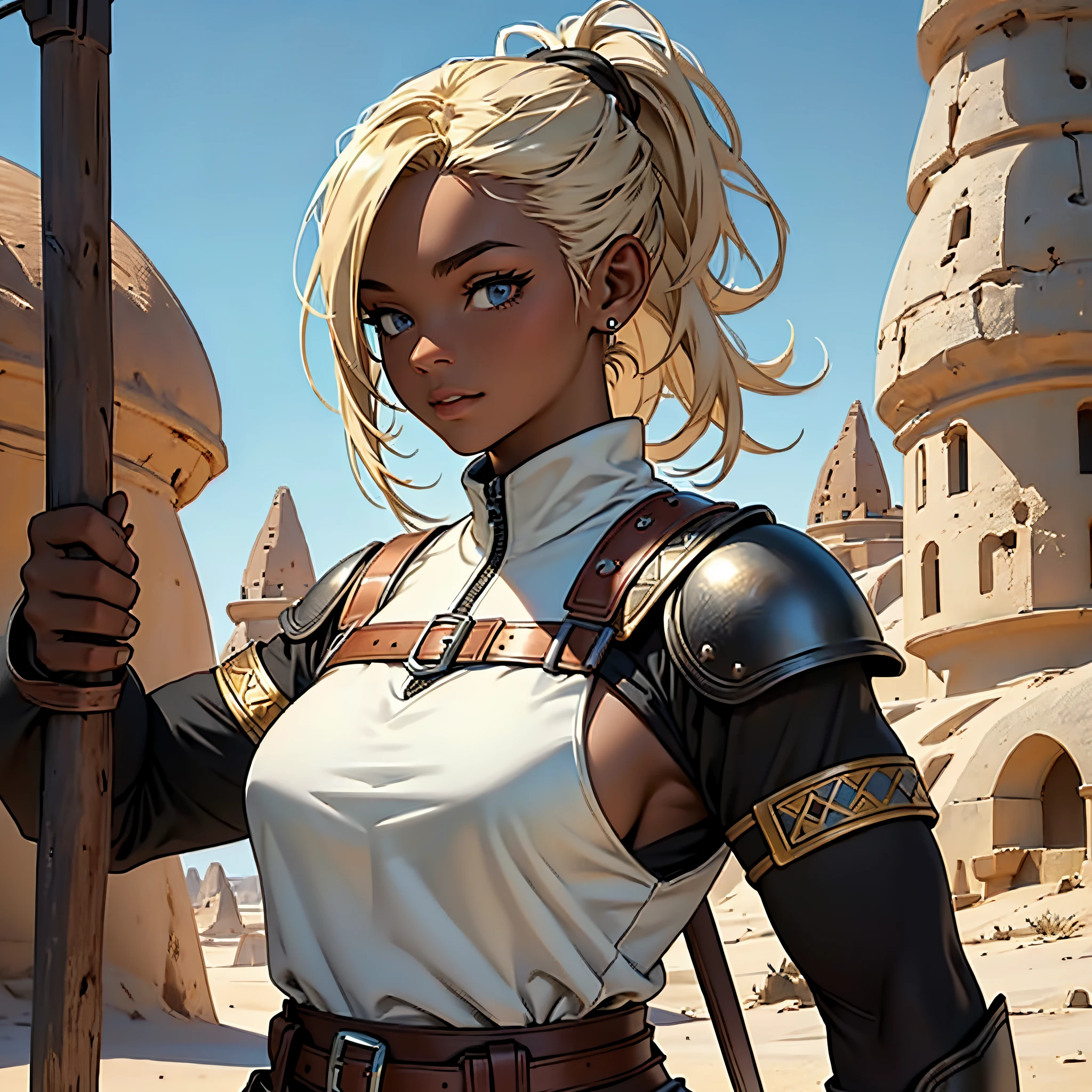 ​masterpiece, Best Quality, 4k, Very detailed, person upper body, Background with:Medieval Cappadocia in the desert, Warrior wearing leather armor and white hijab, Spicy dark skinned black girl with bright blonde ponytail