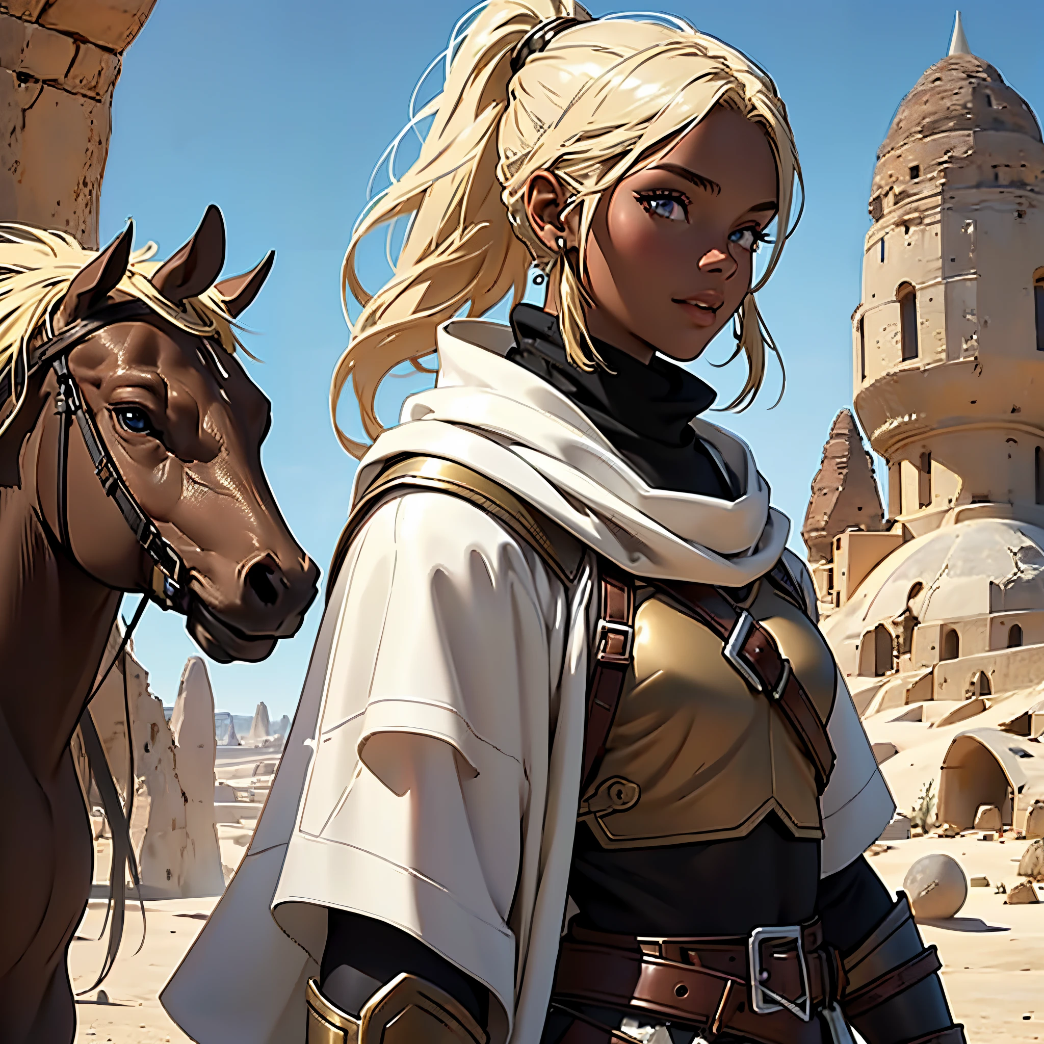 ​masterpiece, Best Quality, 4k, Very detailed, person upper body, Background with:Medieval Cappadocia in the desert, Warrior wearing leather armor and white hijab, Spicy dark skinned black girl with bright blonde ponytail