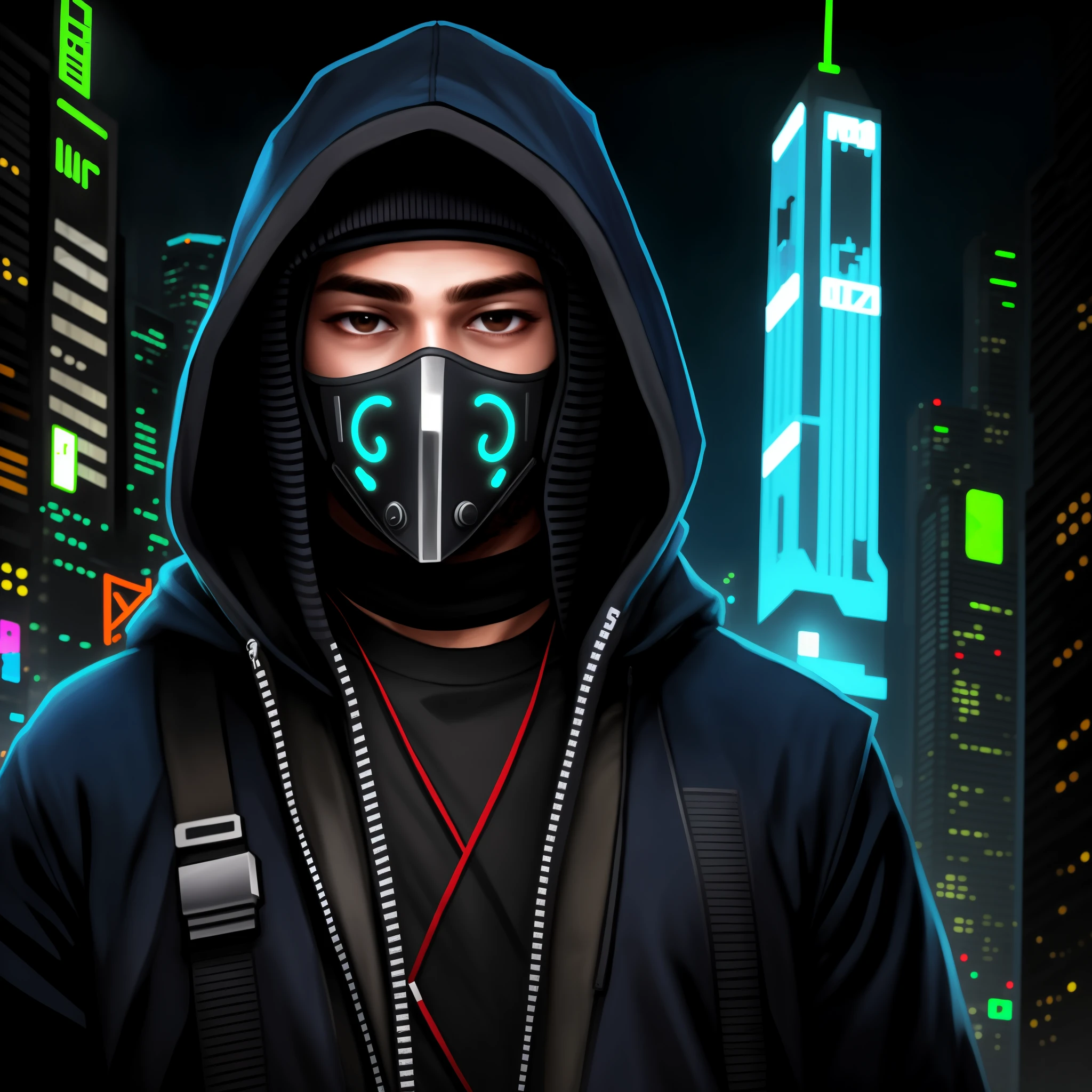 male character, with mask, cyberpunk, neon, hooded,