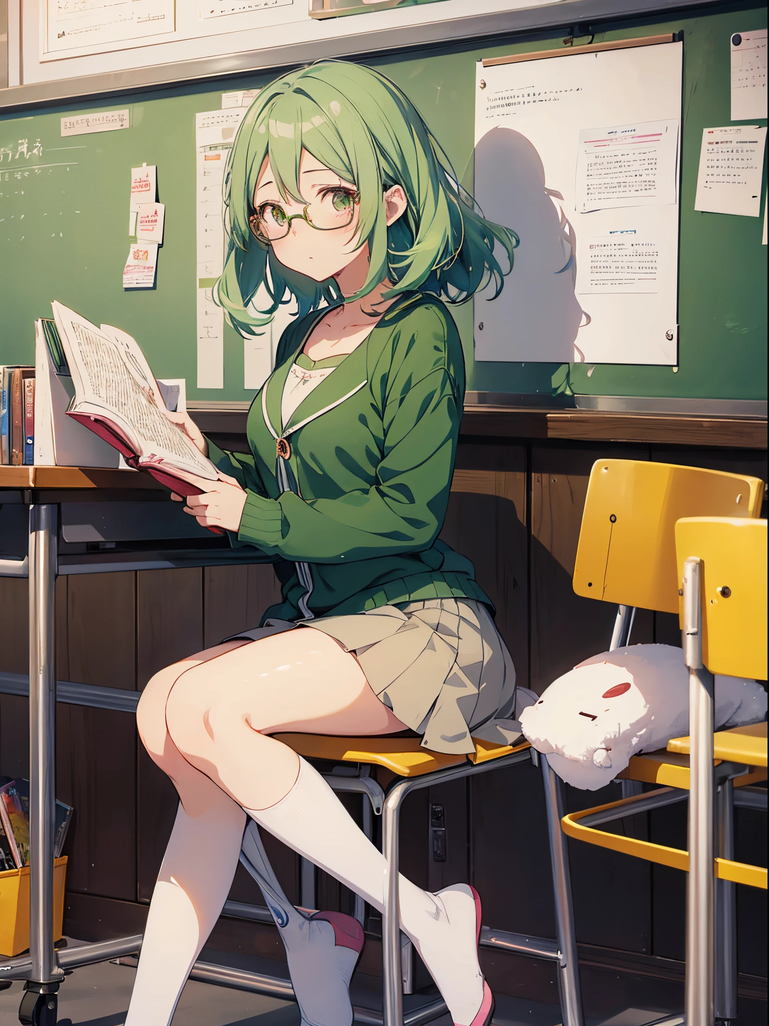 anime girl reading a book in a classroom with a green chalkboard, anime visual of a cute girl, beautiful anime high school girl, ( ( ( yoshinari yoh ) ) ), visual novel cg, sakimichan, anime best girl, anime visual of a young woman, sakimi chan, smooth anime cg art, with glasses, anime moe artstyle