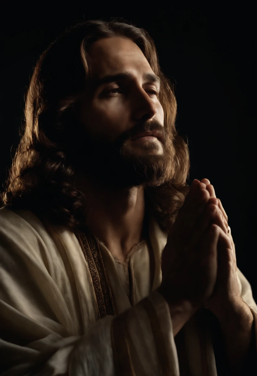"Create an image of Jesus in profile, depicted in the act of prayer with hands clasped together."high detailed, High Quality, Award-Standing, Best Quality, high resolucion, 16 k