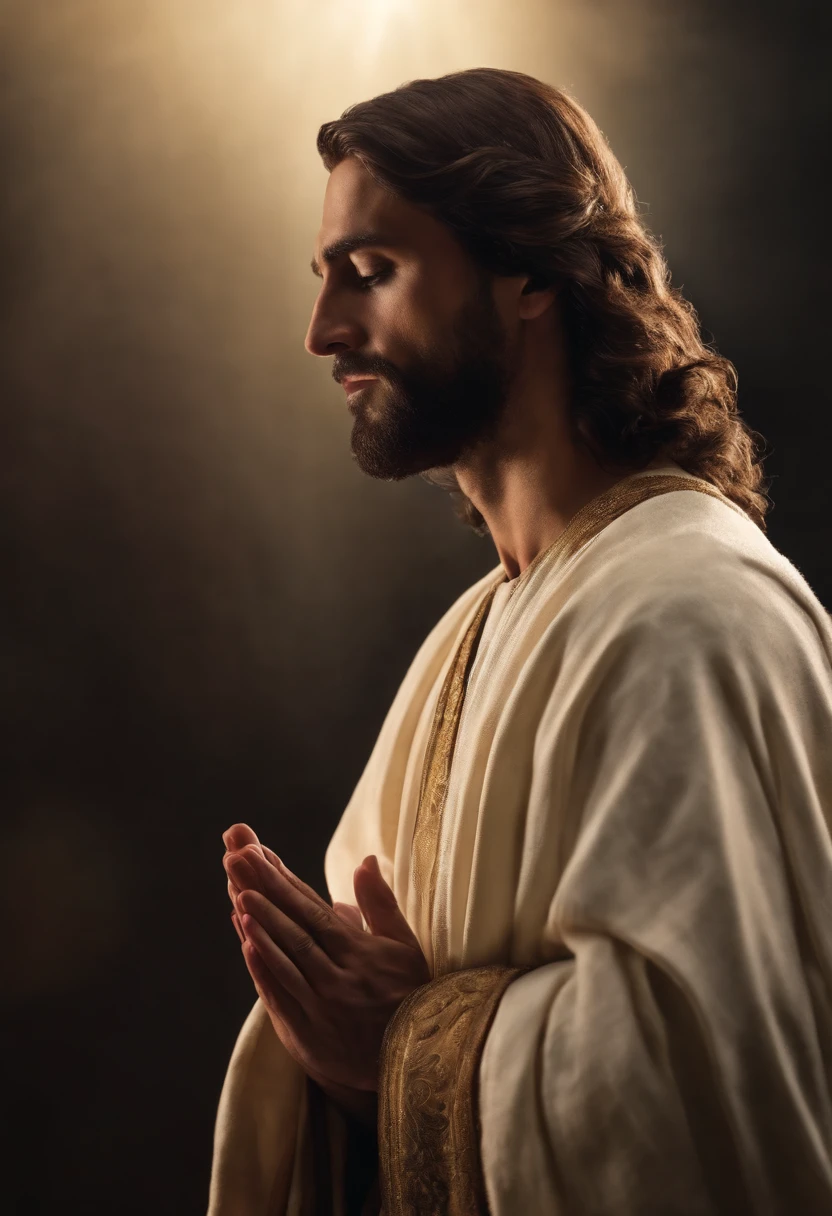 "Create an image of Jesus in profile, depicted in the act of prayer with hands clasped together."high detailed, High Quality, Award-Standing, Best Quality, high resolucion, 16 k