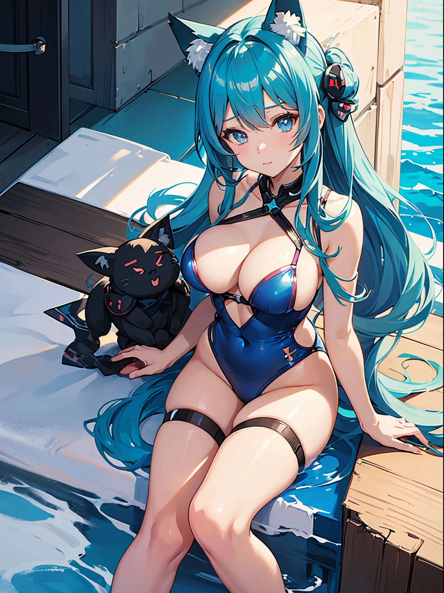 anime girl in a blue swimsuit with a cat ears, seductive anime girl, kantai collection style, attractive anime girl, (anime girl), anime moe artstyle, beautiful anime girl, beautiful alluring anime woman, anime best girl, anime girl, pretty anime girl, breasts covered and sfw, anime visual of a cute girl, fine details. girls frontline