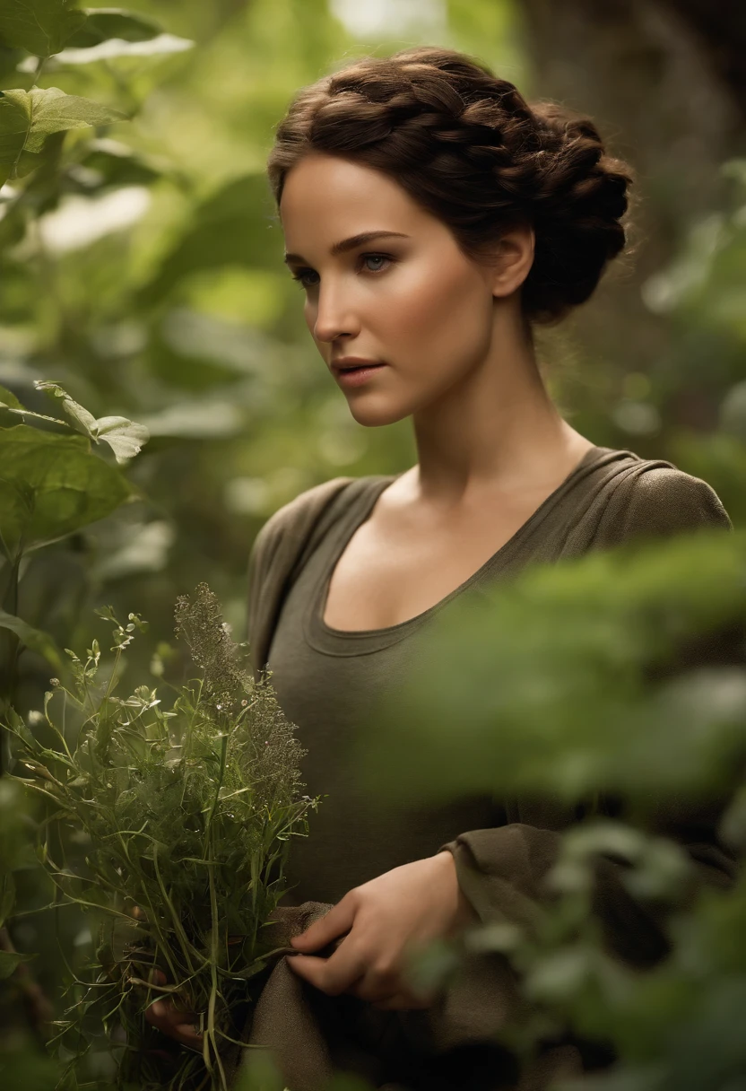 A photo of Katniss carefully tending to a small, hidden garden of herbs and vegetables.,The Hunger Games Trilogy,Katniss Everdeen, the protagonist of “The Hunger Games,” is characterized by her athletic build, olive skin, dark hair often styled in a practical braid, and striking grey eyes, reflecting her resilience and resourcefulness. Her appearance is marked by a blend of toughness and understated beauty, often wearing simple, functional clothing that suits her pragmatic and independent nature., female