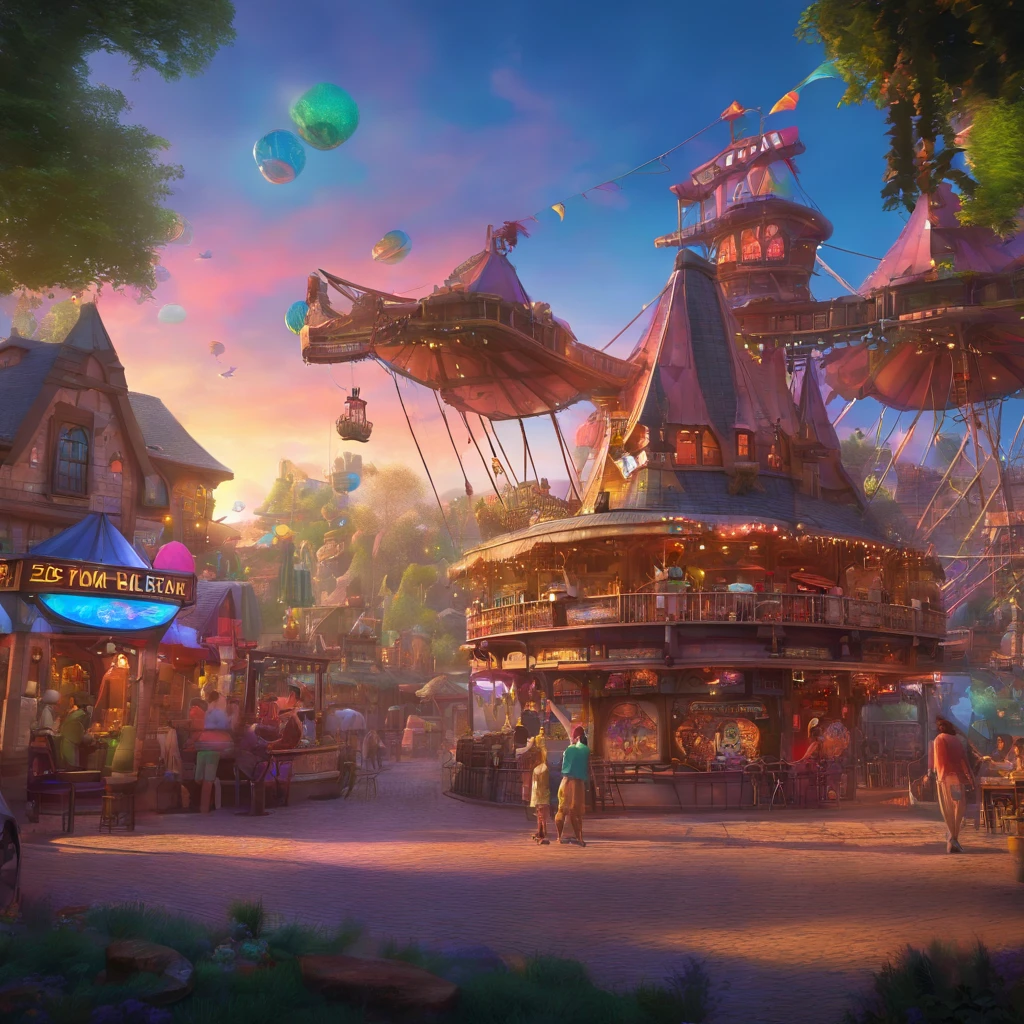 (Best quality, 8K, A high resolution, tmasterpiece:1.2), ultra - detailed, (actual, realistically, realistically:1.37), Vibrant colors, Magical atmosphere, Whimsical, ((disney pirate theme park, pirates of the caribbean，fountain and carousel, Lively Pirate Town Park, Beautiful fairy neon colors, Medieval Fantasy Town Theme Park, Magical neon colors and atmosphere, concept art magical highlight, magical concept art, Fantasy style, Magical fantasy，The content is very detailed, disney theme park, magical colors and atmosphere, An amusement park, roller coasters, pirate ships, bumper cars, he Ferris wheel, waterpark)), Surreal, Psychedelic, Complicated details, Beautiful texture, Ethereal, like a dream, Soft glowing light, Charming Patterns, Fantasy creatures, Hidden surprises, dreamlike landscapes, Surreal color palette, Mystic aura, ultra-realistic realism, Enchanting journey, psychedelic trip, vivid imagination, immersive experience, mysterious creature, otherworldly charm, glowing paths, Light up the Magic Theme Park, surreal sky, Whimsical theme park, a magical encounter,Fascinating artwork