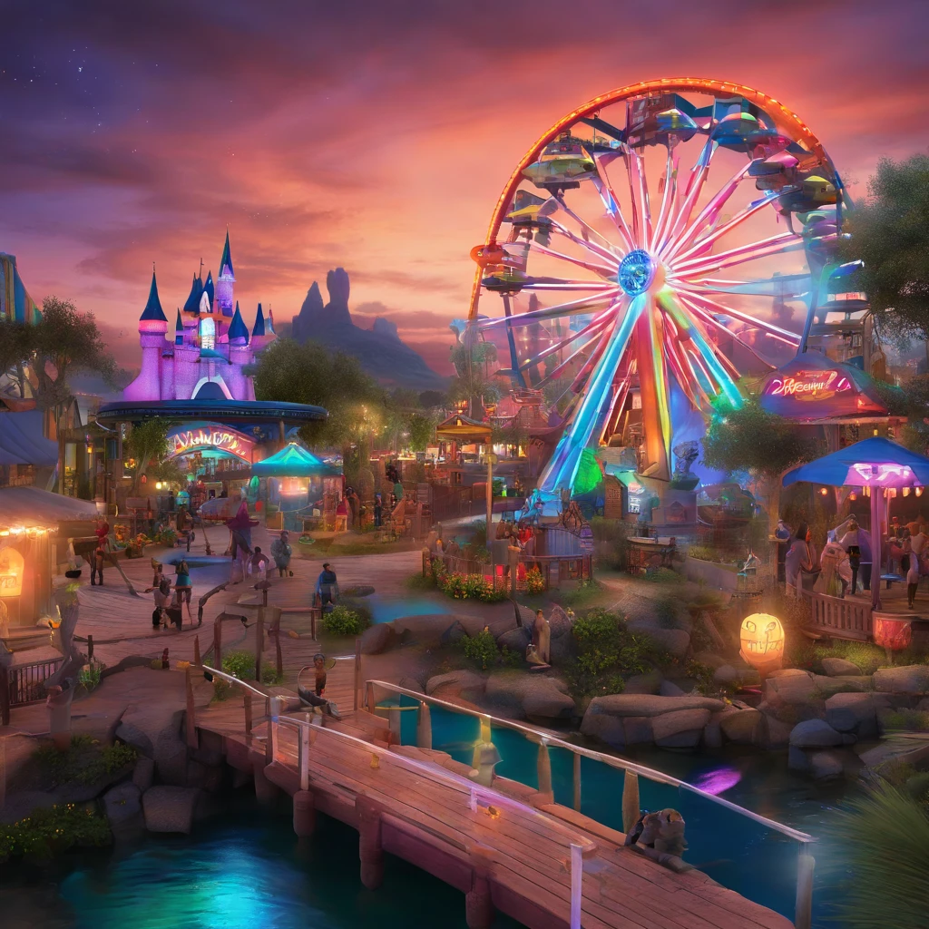 (Best quality, 8K, A high resolution, tmasterpiece:1.2), ultra - detailed, (actual, realistically, realistically:1.37), Vibrant colors, Magical atmosphere, Whimsical, ((disney pirate theme park, pirates of the caribbean，fountain and carousel, Lively Pirate Town Park, Beautiful fairy neon colors, Medieval Fantasy Town Theme Park, Magical neon colors and atmosphere, concept art magical highlight, magical concept art, Fantasy style, Magical fantasy，The content is very detailed, disney theme park, magical colors and atmosphere, An amusement park, roller coasters, pirate ships, bumper cars, he Ferris wheel, waterpark)), Surreal, Psychedelic, Complicated details, Beautiful texture, Ethereal, like a dream, Soft glowing light, Charming Patterns, Fantasy creatures, Hidden surprises, dreamlike landscapes, Surreal color palette, Mystic aura, ultra-realistic realism, Enchanting journey, psychedelic trip, vivid imagination, immersive experience, mysterious creature, otherworldly charm, glowing paths, Light up the Magic Theme Park, surreal sky, Whimsical theme park, a magical encounter,Fascinating artwork