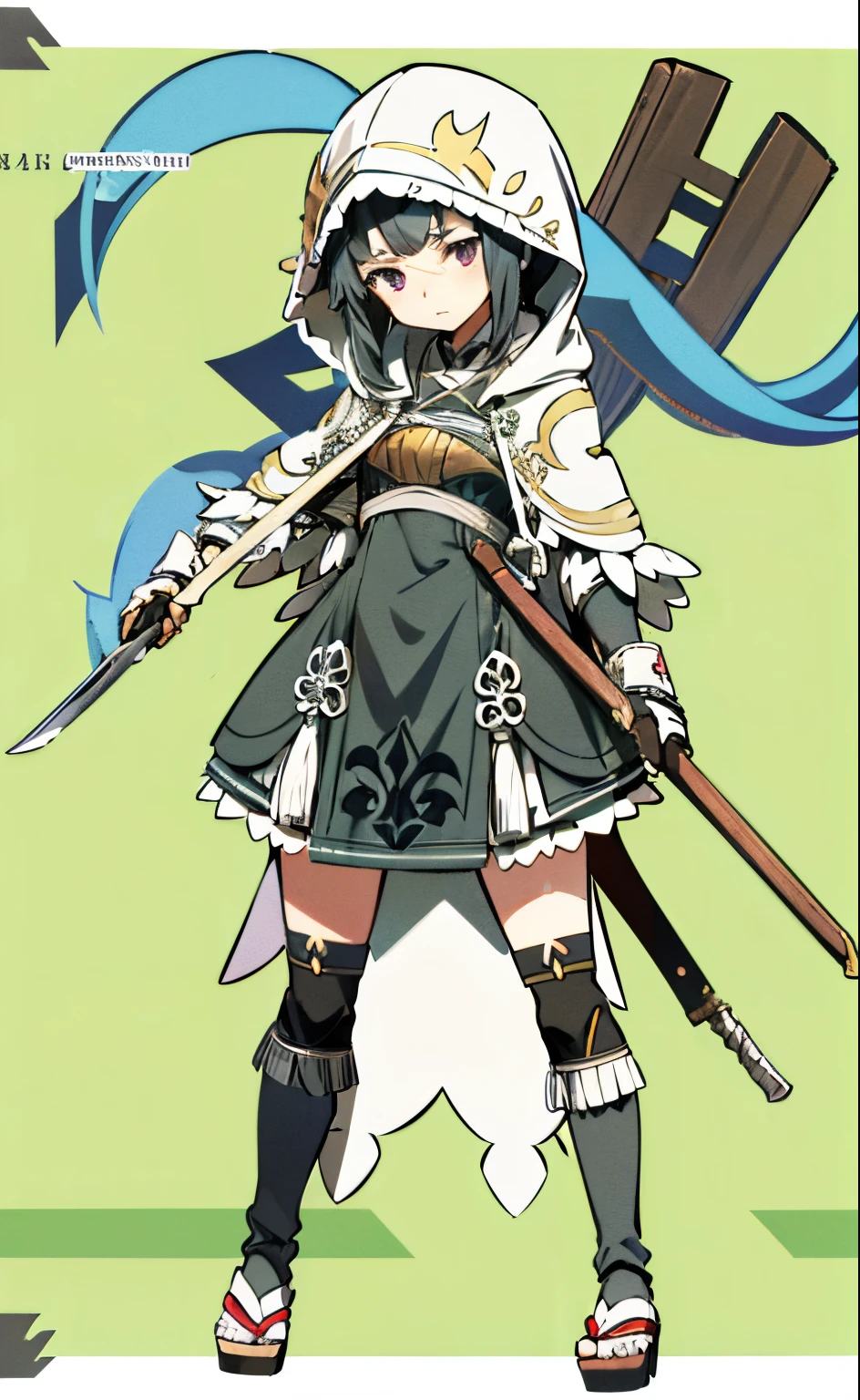 loli, japaense clothes, black hair, white hood, (hood:1.3) skirt armor, bare arms, short sleeeves, doll joints, puppet, sandals, many weapons, armor, short dress, gloves,cowboy shot, looking at viewer, grassfield, made off wood, doll, skirt armor, many weapons