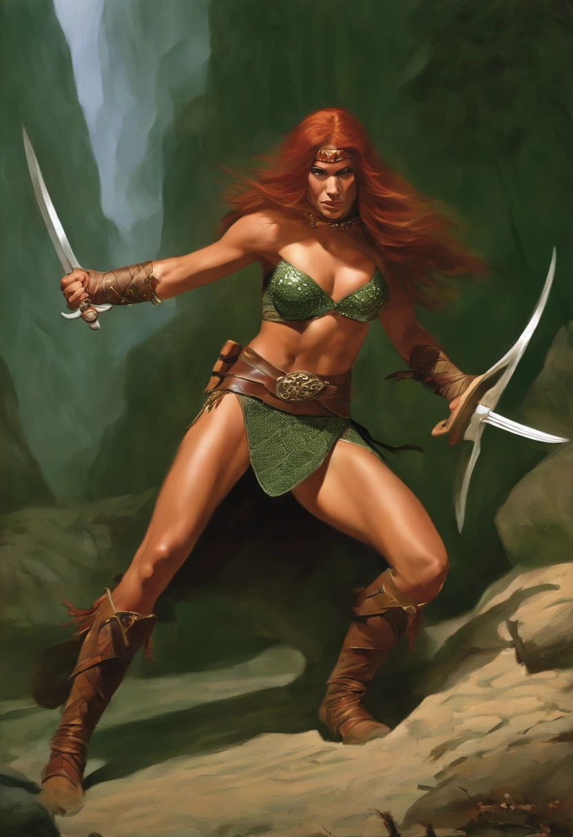 An impressive display of Atpic's hand-to-hand combat skills in a traditional warrior's sparring match,Conan the Barbarian #23,Red Sonja is a beautifull woman, wearing a chainmailbikini, covering her curves, a slender body, long red hair and green eyes, female
