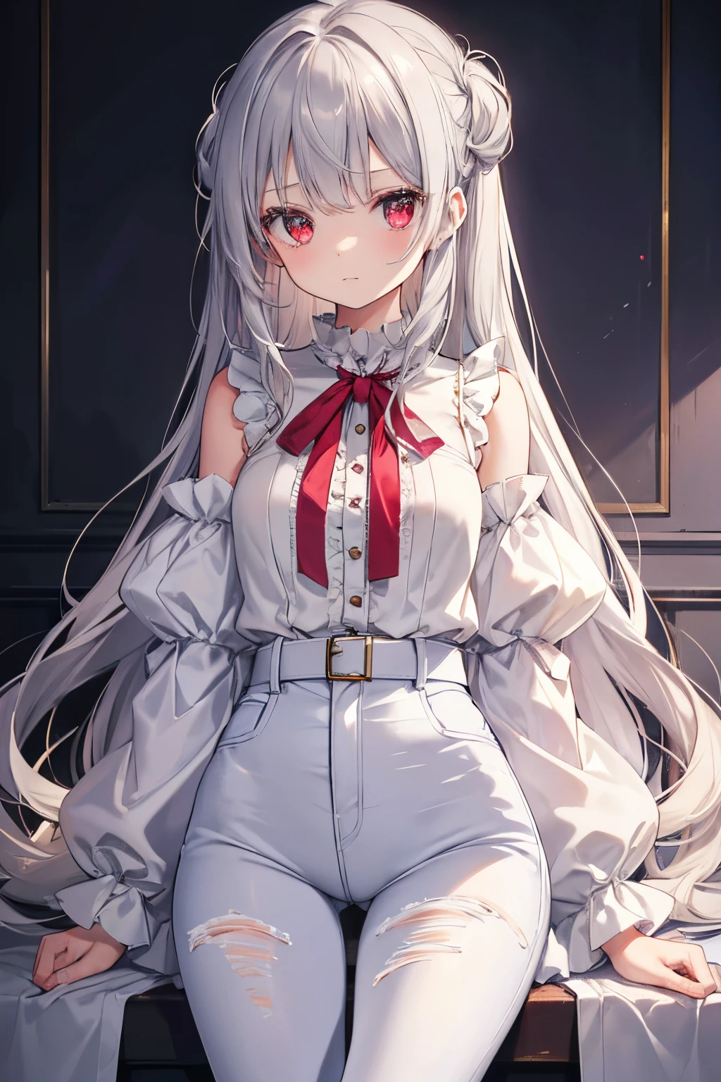 girl. long silver hair, and red eyes, and she wore a white cotton blouse with delicate ruffles on the sleeves and collar. grey jeans hugged her slim legs perfectly,