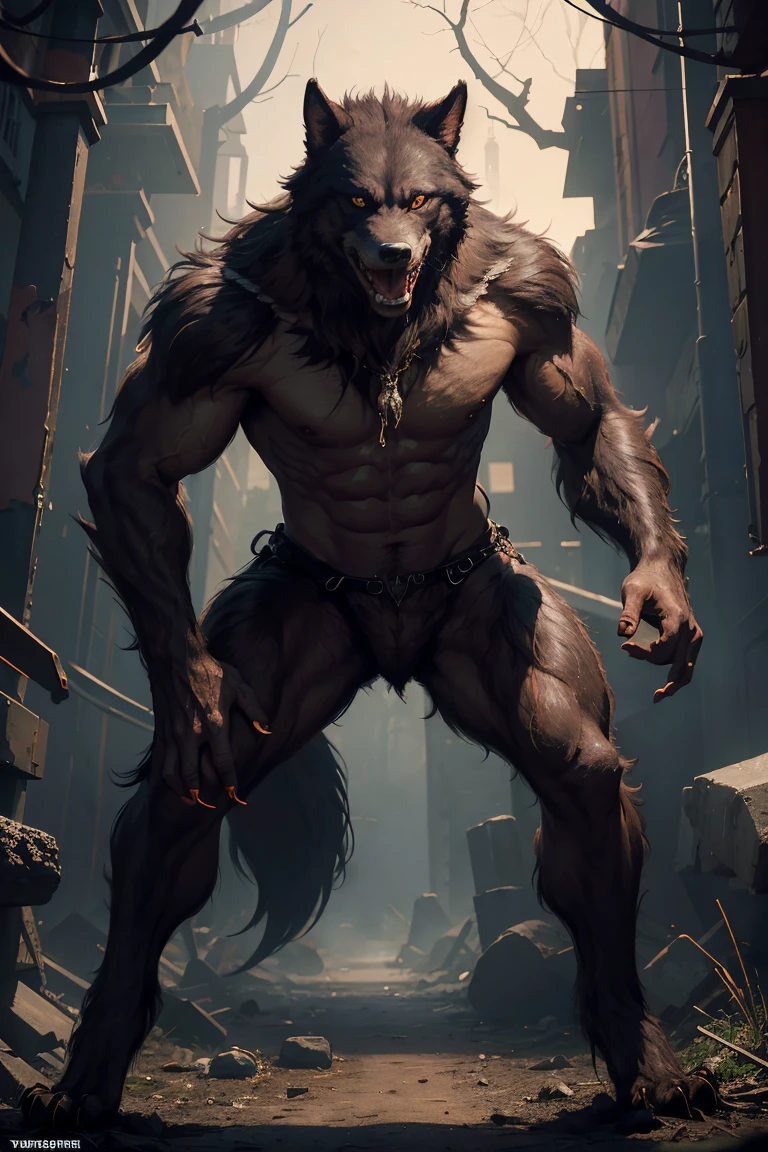 ultra realistic, masterpiece, best quality, werewolf creatures, posing, fullbody, man body, the mouth full of blood, many fur, smirking smile, creepy